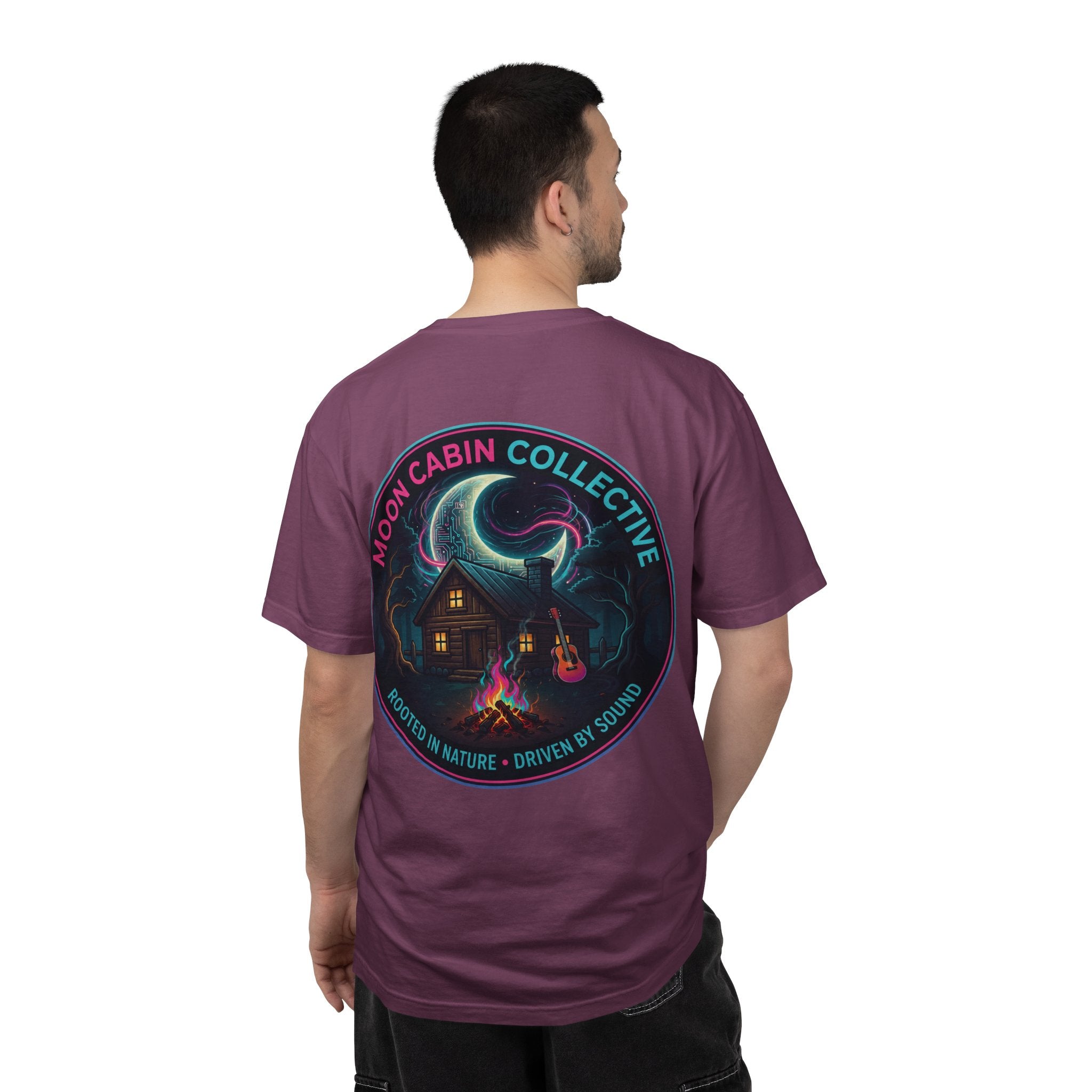 Moonlit Cabin Campfire crest T-shirt | Cabin Forest Nightscape