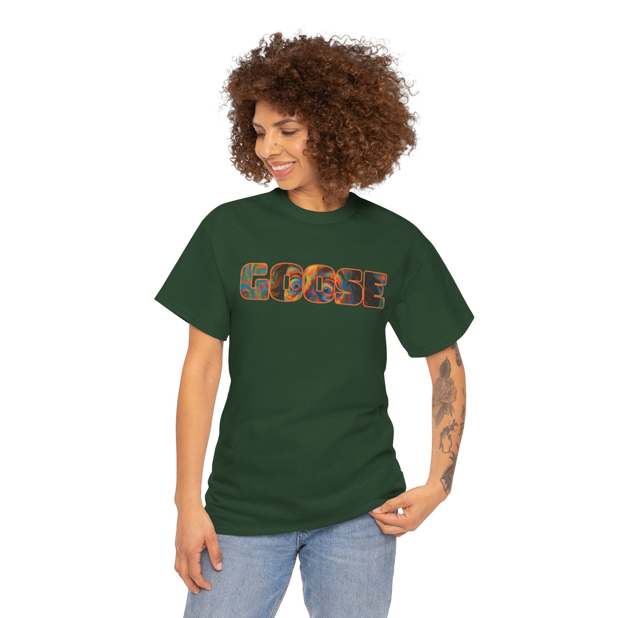 Goose Graphic Tee — Retro Camo Lettering Shirt