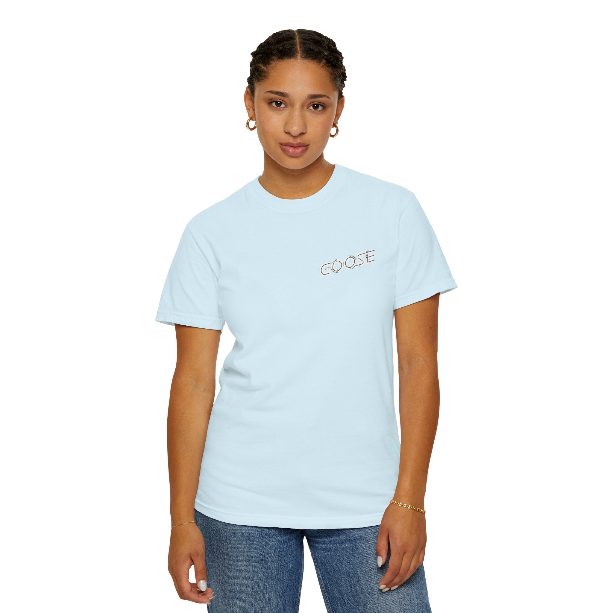 Big Modern Robot Graphic T-Shirt — "GOOSE" Chest Text, Retro Sci‑Fi Back Print