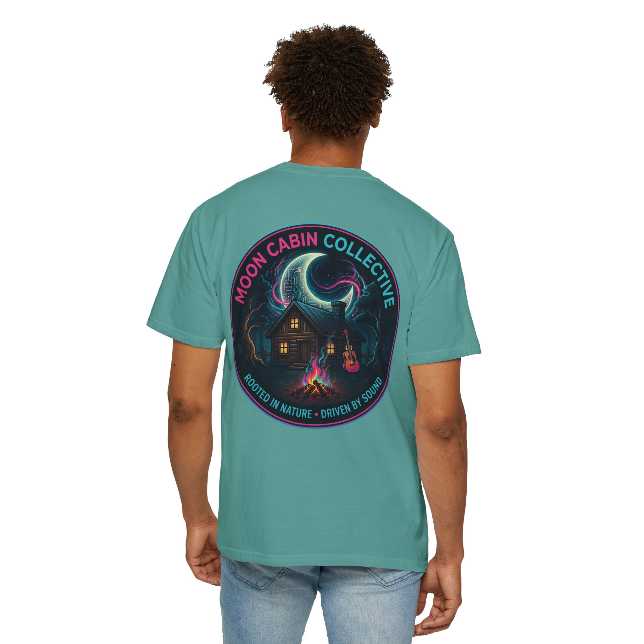 Moonlit Cabin Campfire crest T-shirt | Cabin Forest Nightscape