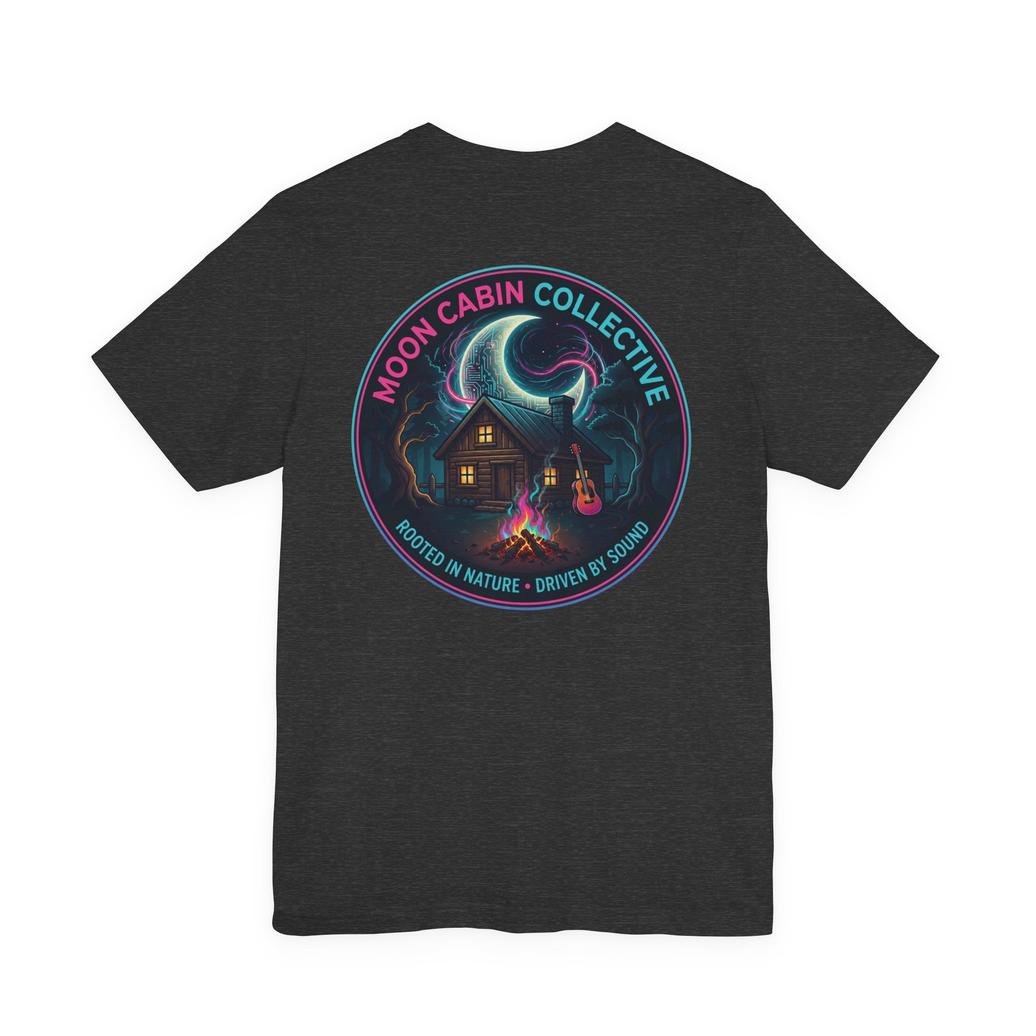 Moon Cabin Collective T-Shirt — Moonlit Cabin Graphic Tee ("Rooted in Nature • Driven by Sound")