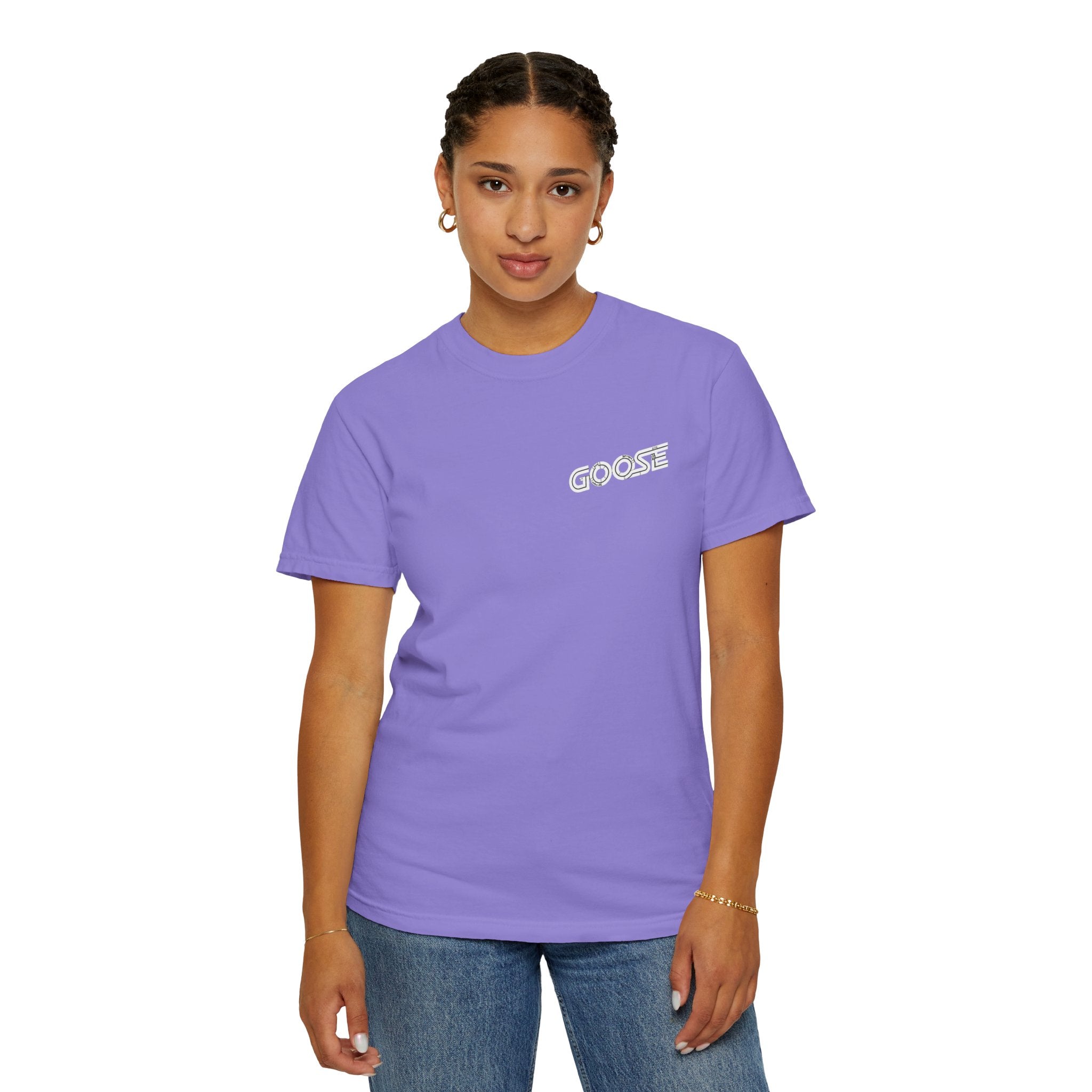 Big Modern Robot Graphic T-Shirt — "GOOSE" Chest Text, Retro Sci‑Fi Back Print