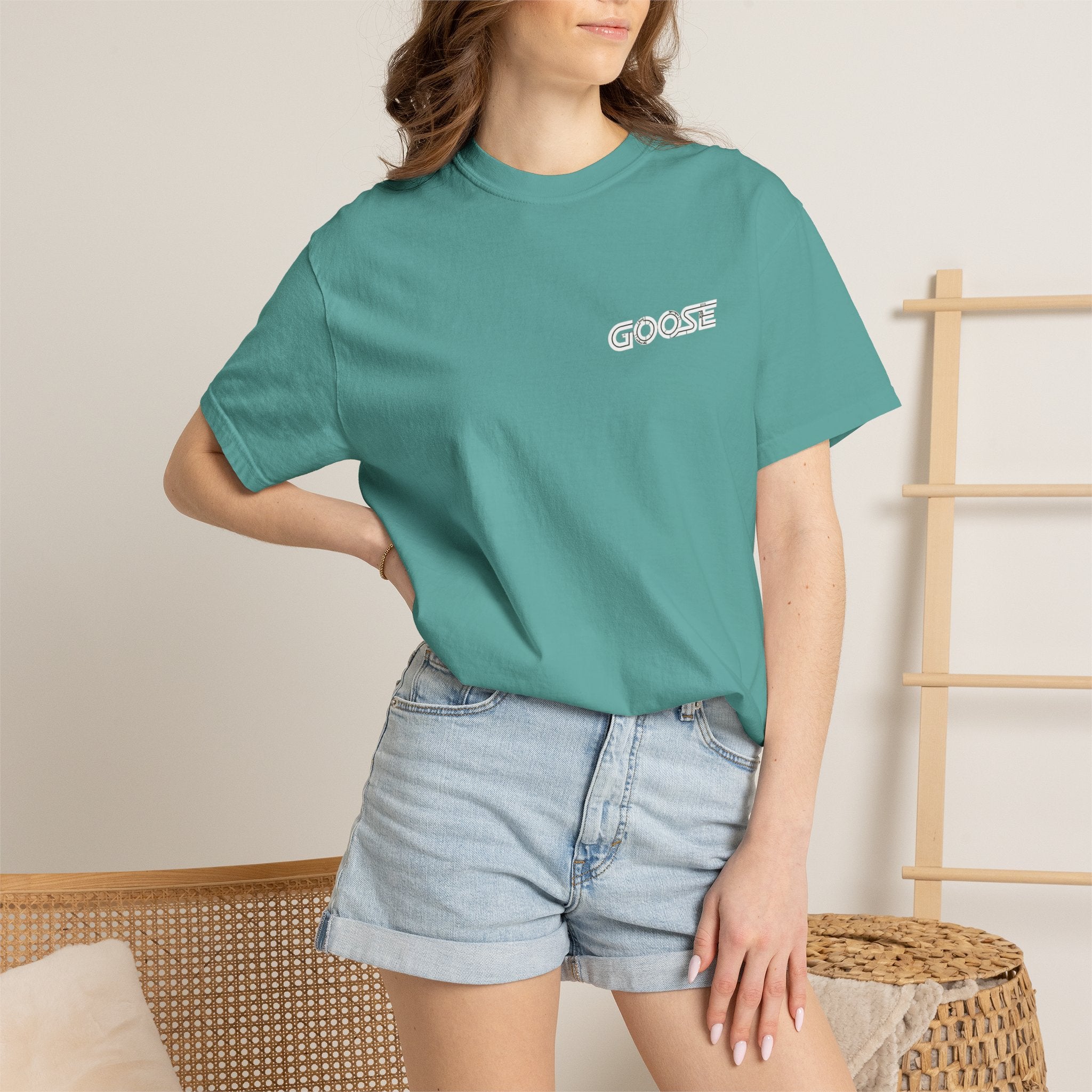 Big Modern Robot Graphic T-Shirt — "GOOSE" Chest Text, Retro Sci‑Fi Back Print