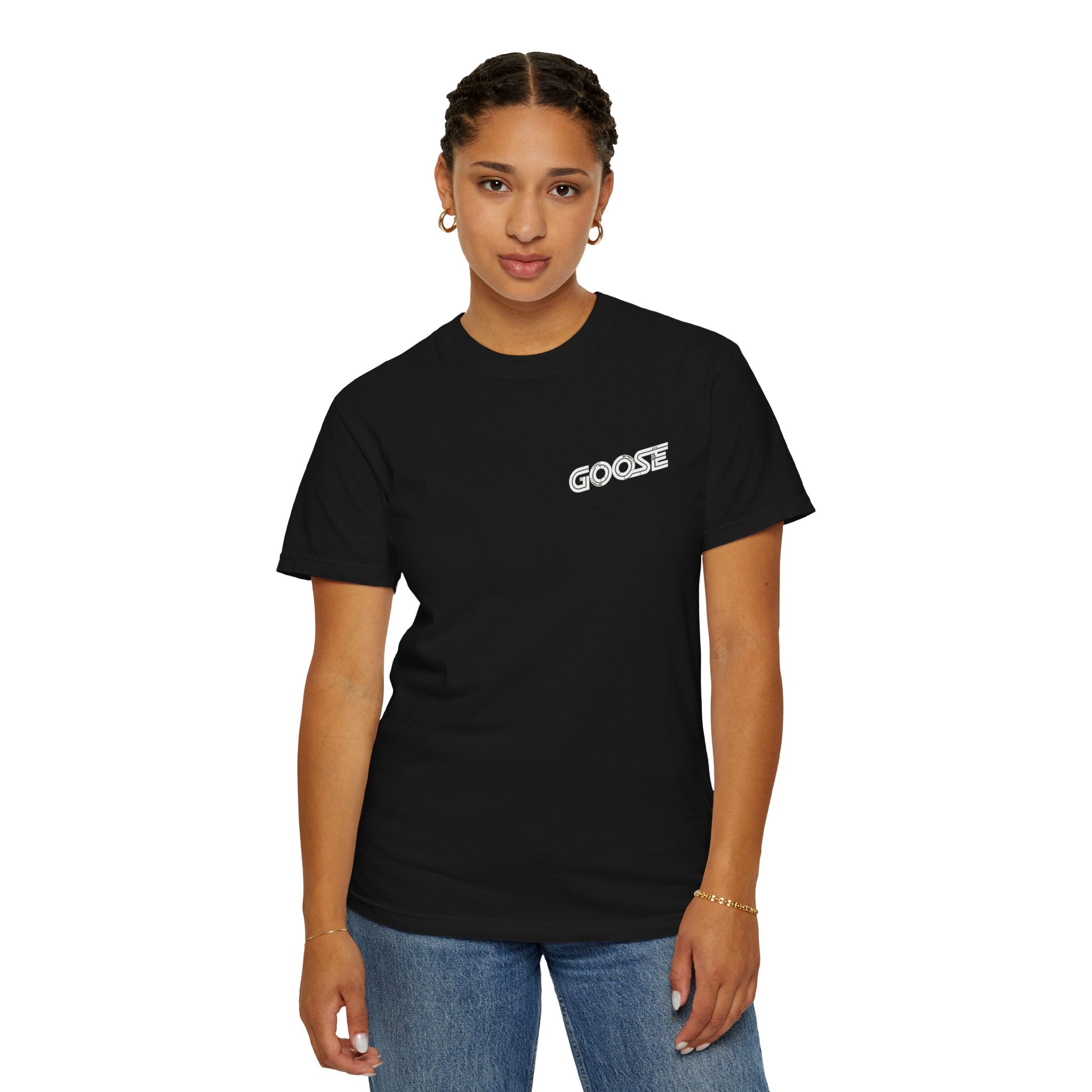 Big Modern Robot Graphic T-Shirt — "GOOSE" Chest Text, Retro Sci‑Fi Back Print