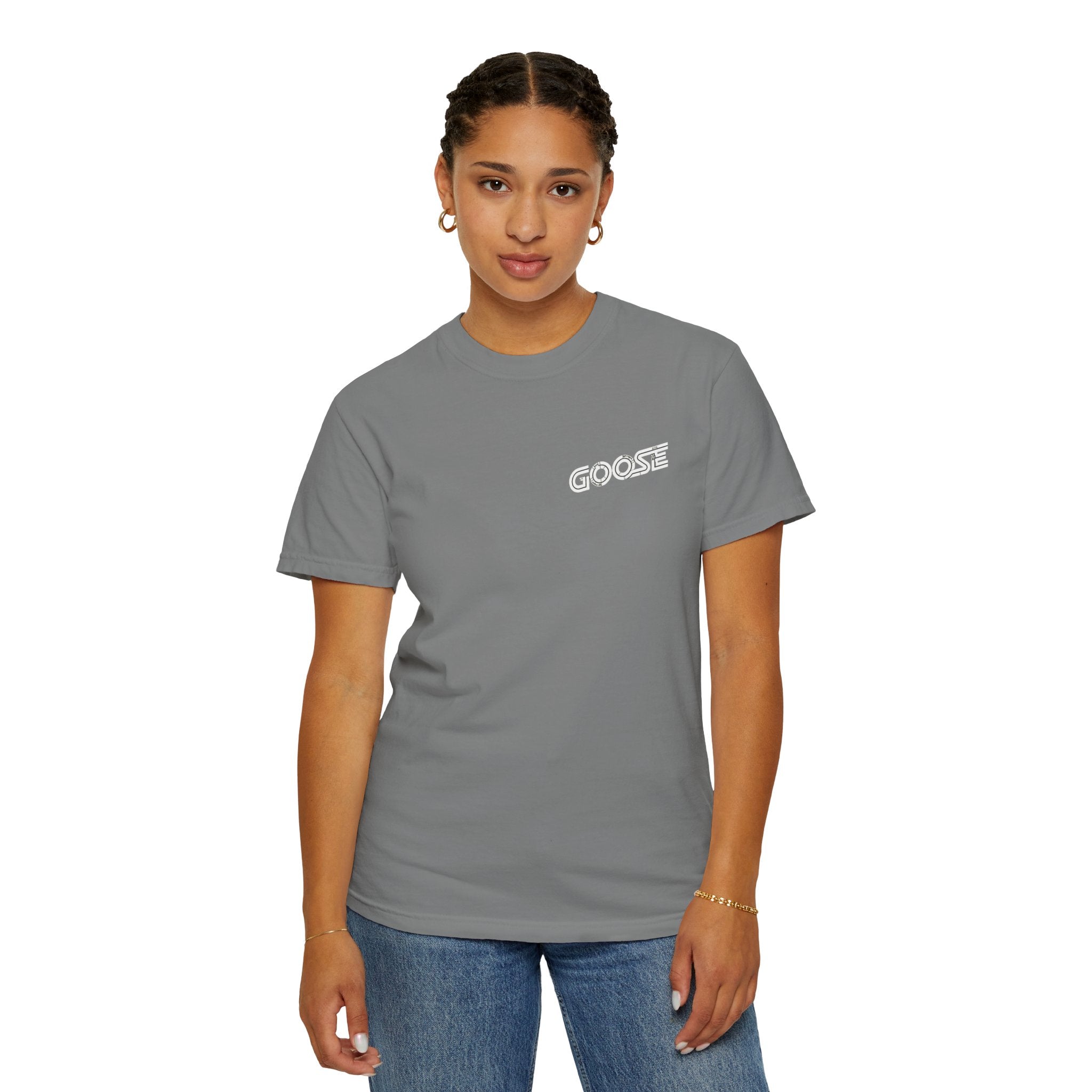 Big Modern Robot Graphic T-Shirt — "GOOSE" Chest Text, Retro Sci‑Fi Back Print