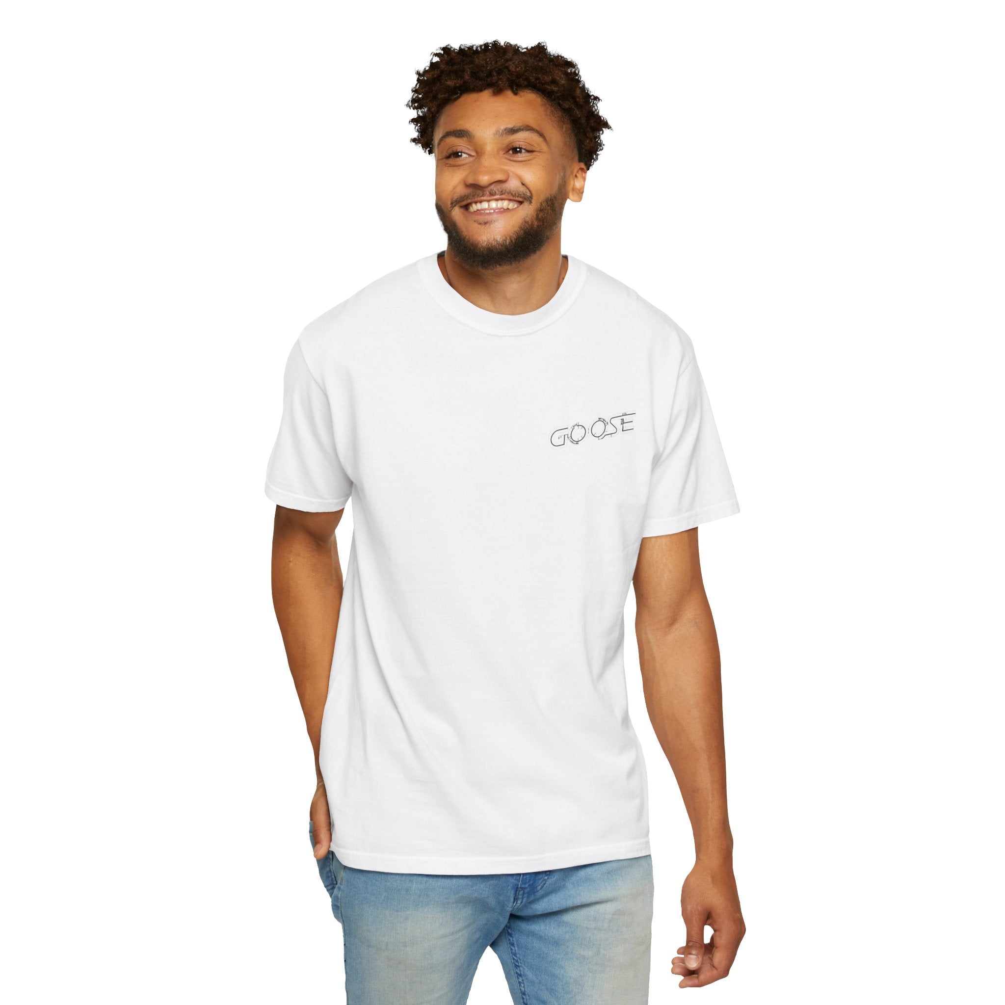 Big Modern Robot Graphic T-Shirt — "GOOSE" Chest Text, Retro Sci‑Fi Back Print