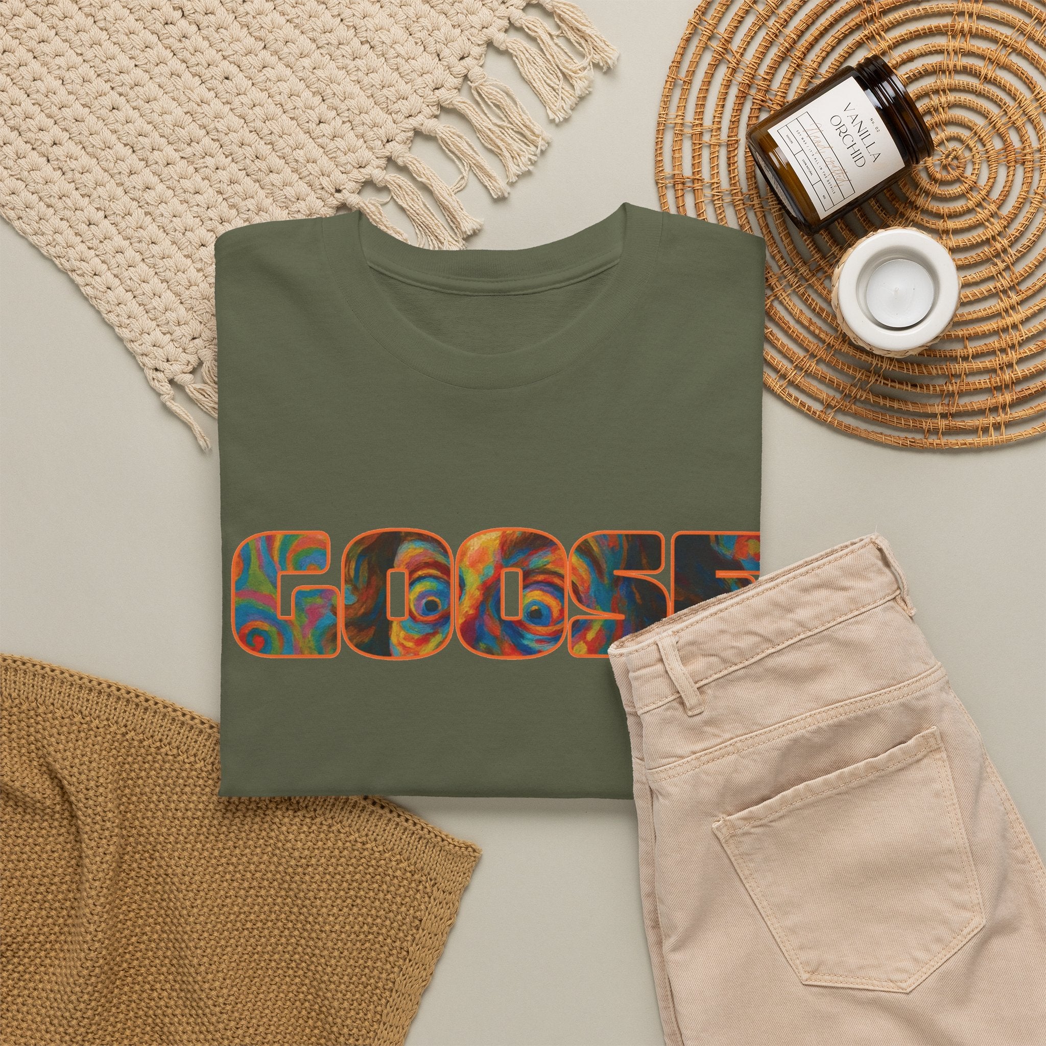 Goose Graphic Tee — Retro Camo Lettering Shirt