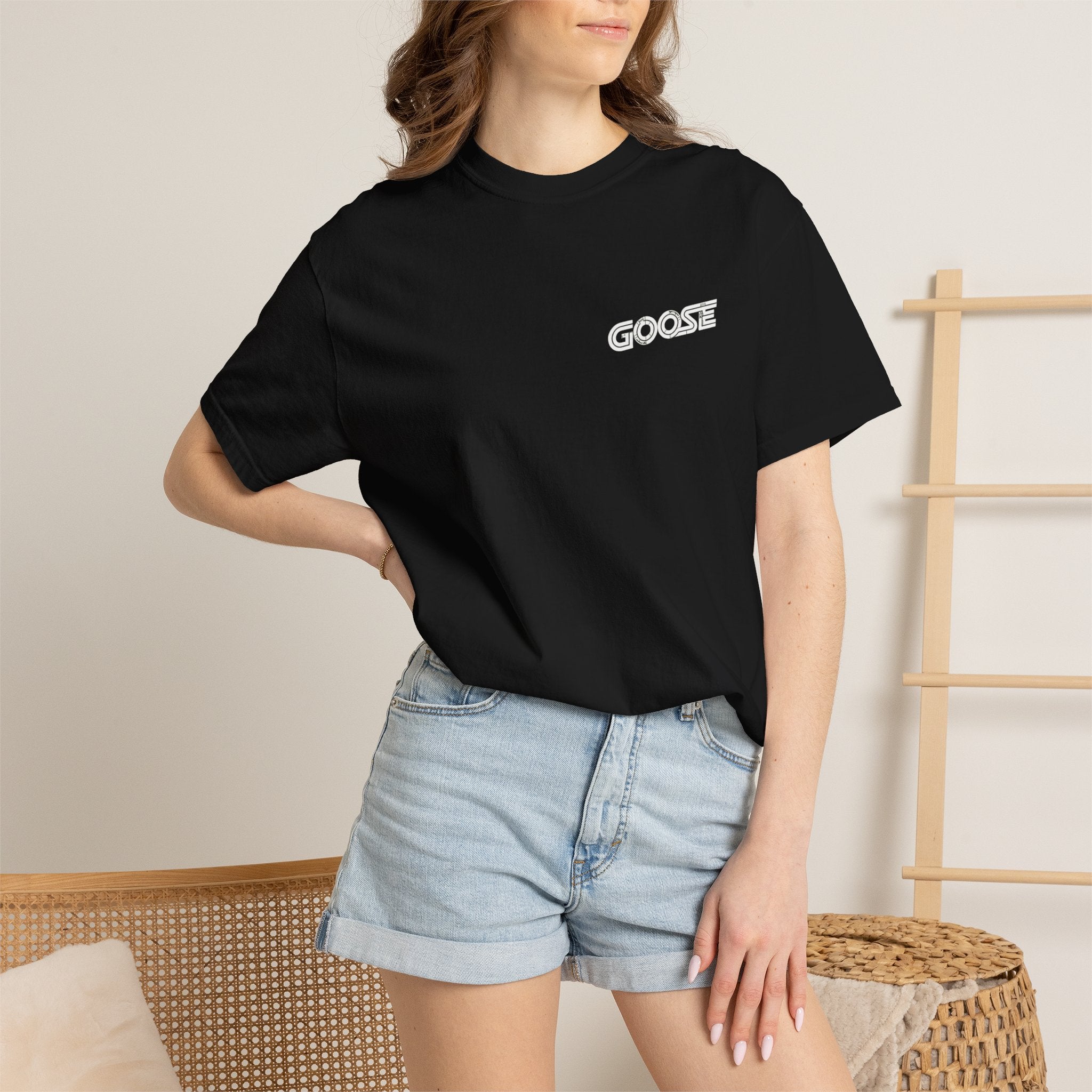 Big Modern Robot Graphic T-Shirt — "GOOSE" Chest Text, Retro Sci‑Fi Back Print