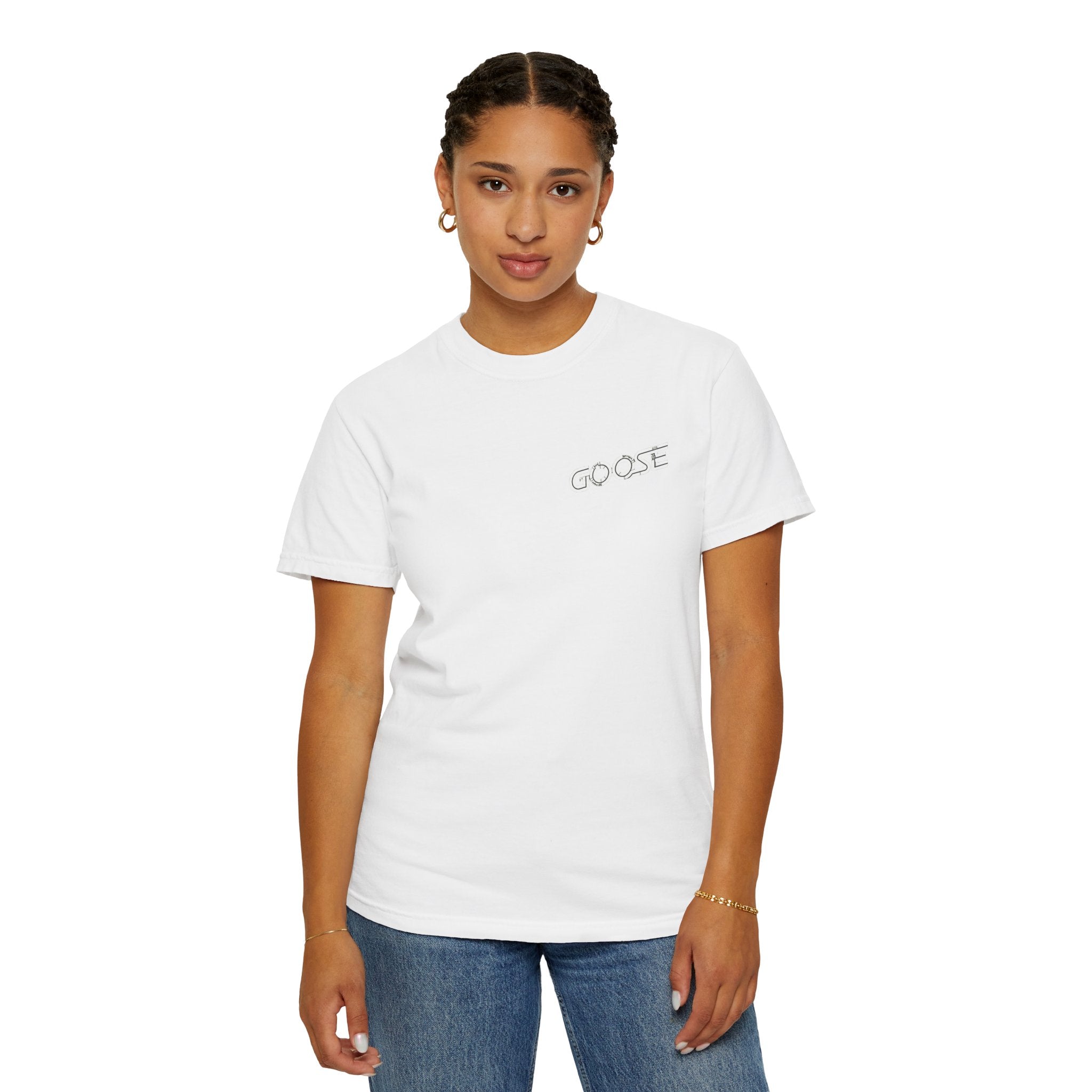 Big Modern Robot Graphic T-Shirt — "GOOSE" Chest Text, Retro Sci‑Fi Back Print