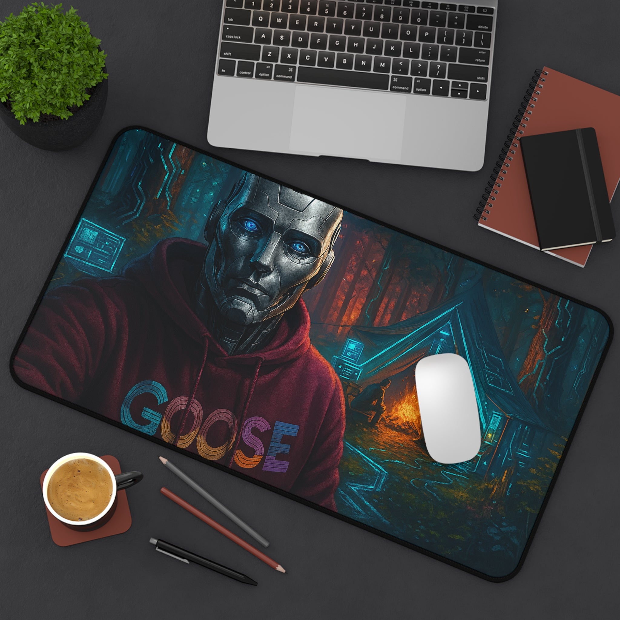 Cyber Ranger Desk Mat — Robot Selfie at Campfire Gaming Mousepad