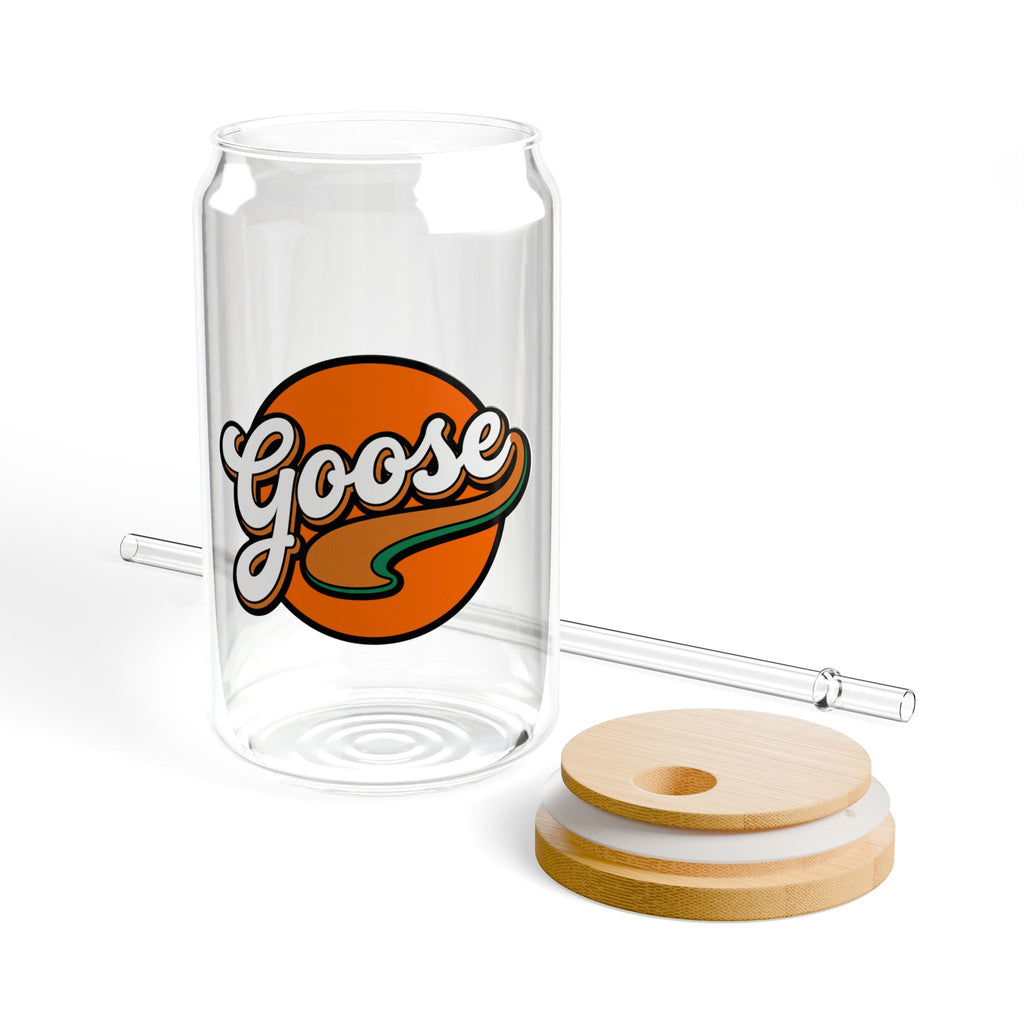 Goose Logo Sipper Glass — 16oz Reusable Drink Jar with Bamboo Lid & Straw