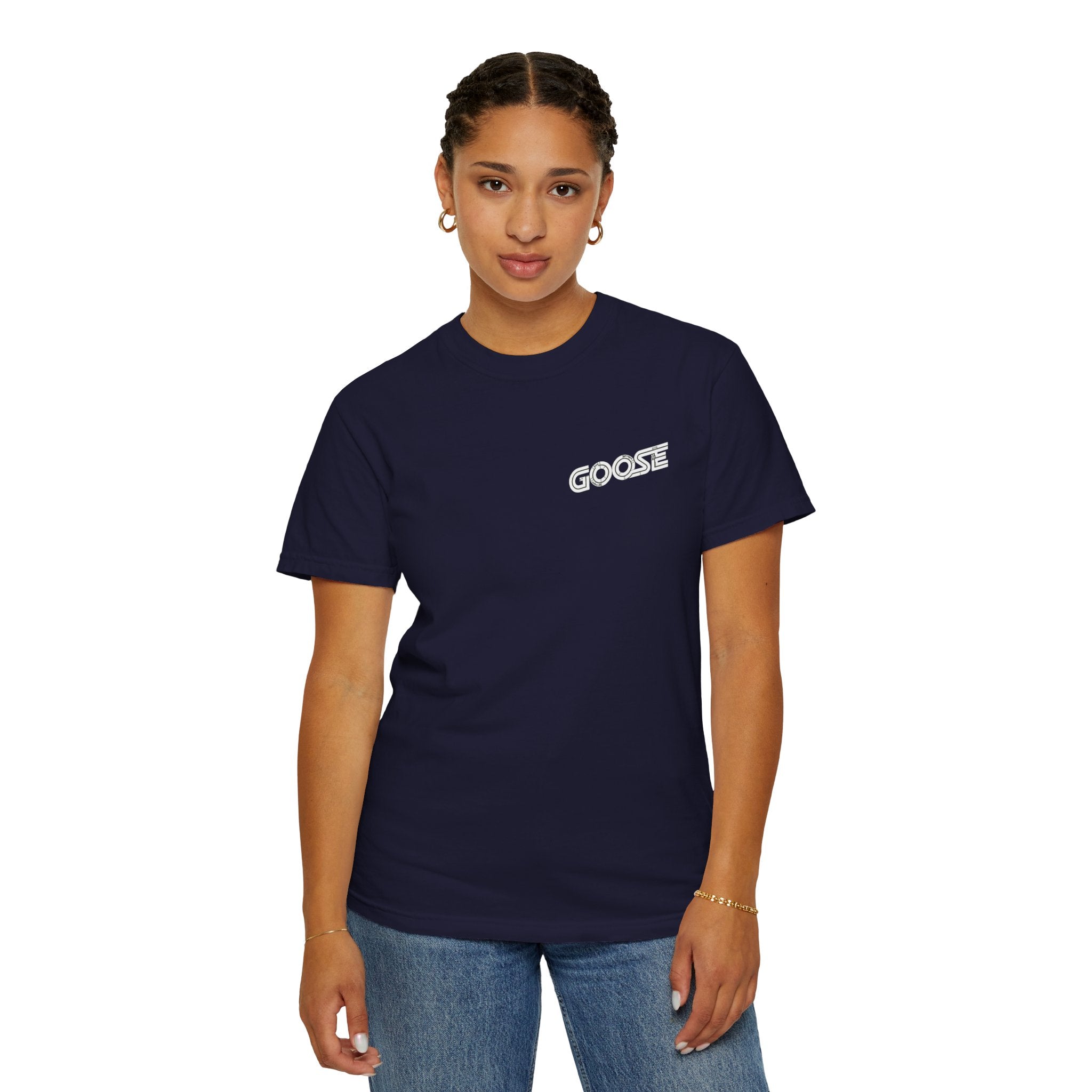 Big Modern Robot Graphic T-Shirt — "GOOSE" Chest Text, Retro Sci‑Fi Back Print
