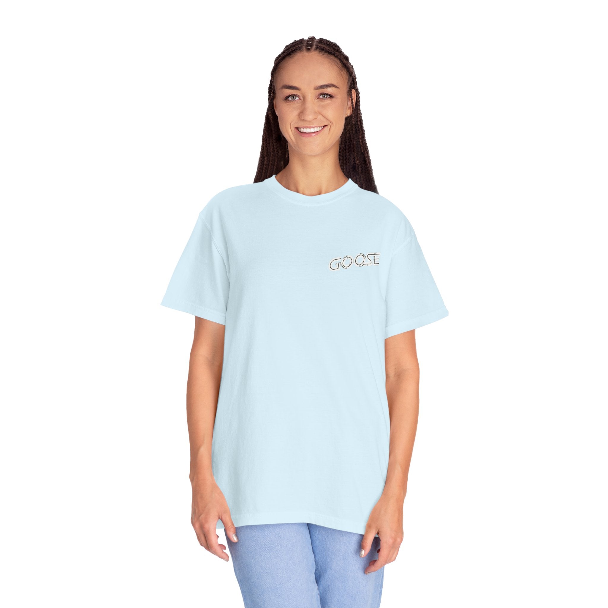 Big Modern Robot Graphic T-Shirt — "GOOSE" Chest Text, Retro Sci‑Fi Back Print