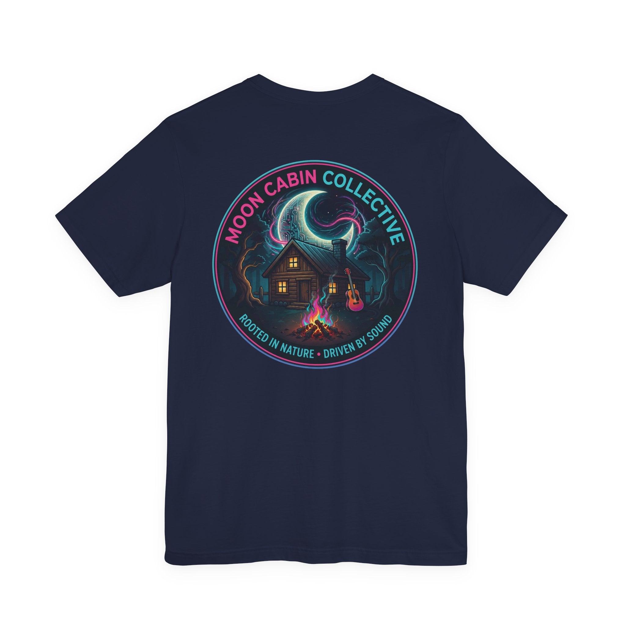 Moon Cabin Collective T-Shirt — Moonlit Cabin Graphic Tee ("Rooted in Nature • Driven by Sound")
