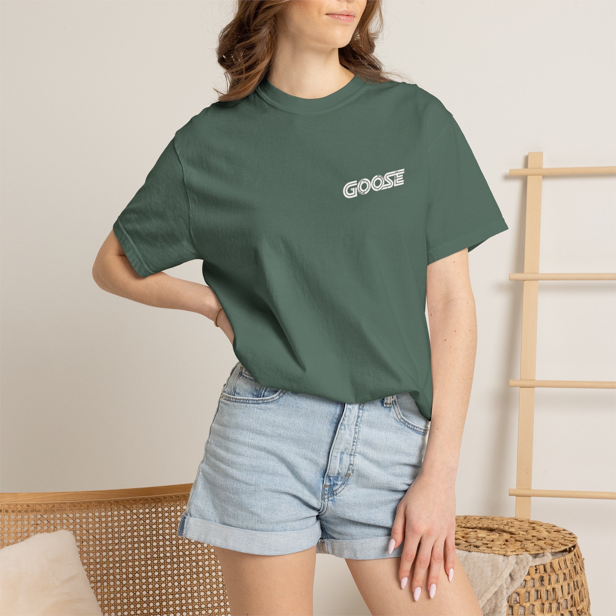 Big Modern Robot Graphic T-Shirt — "GOOSE" Chest Text, Retro Sci‑Fi Back Print