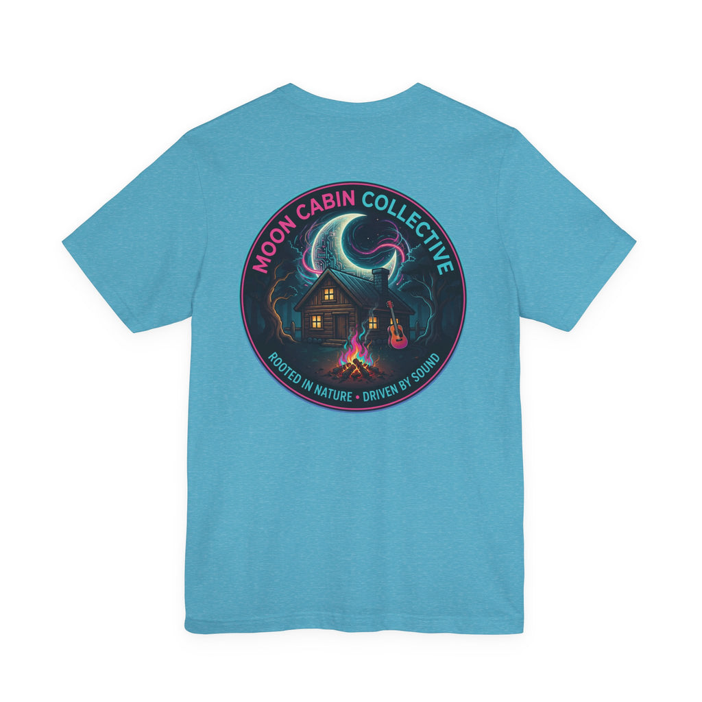 Moon Cabin Collective T-Shirt — Moonlit Cabin Graphic Tee ("Rooted in Nature • Driven by Sound")