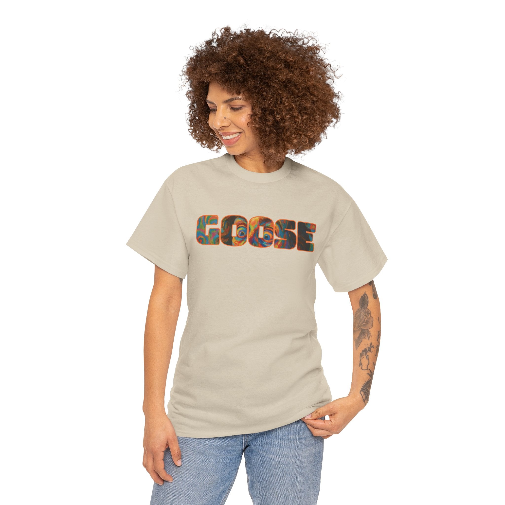 Goose Graphic Tee — Retro Camo Lettering Shirt