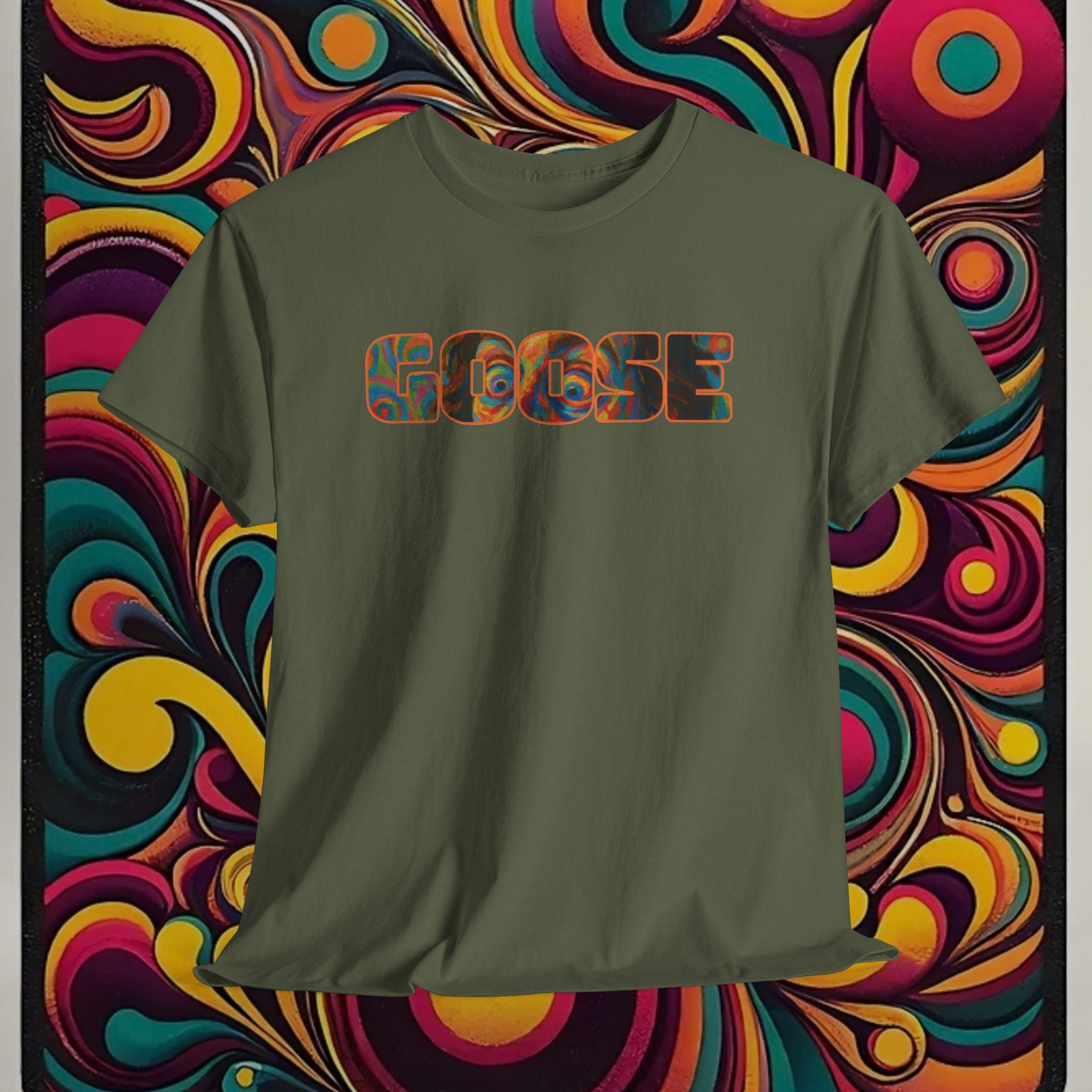 Goose Graphic Tee — Retro Camo Lettering Shirt