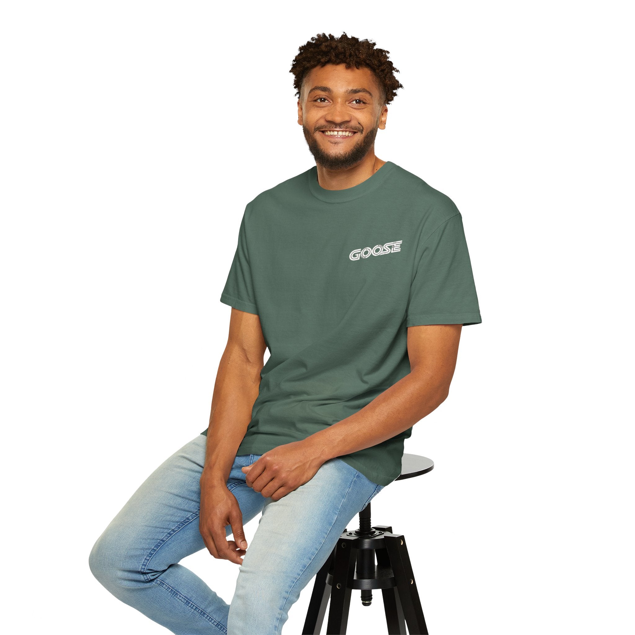 Big Modern Robot Graphic T-Shirt — "GOOSE" Chest Text, Retro Sci‑Fi Back Print