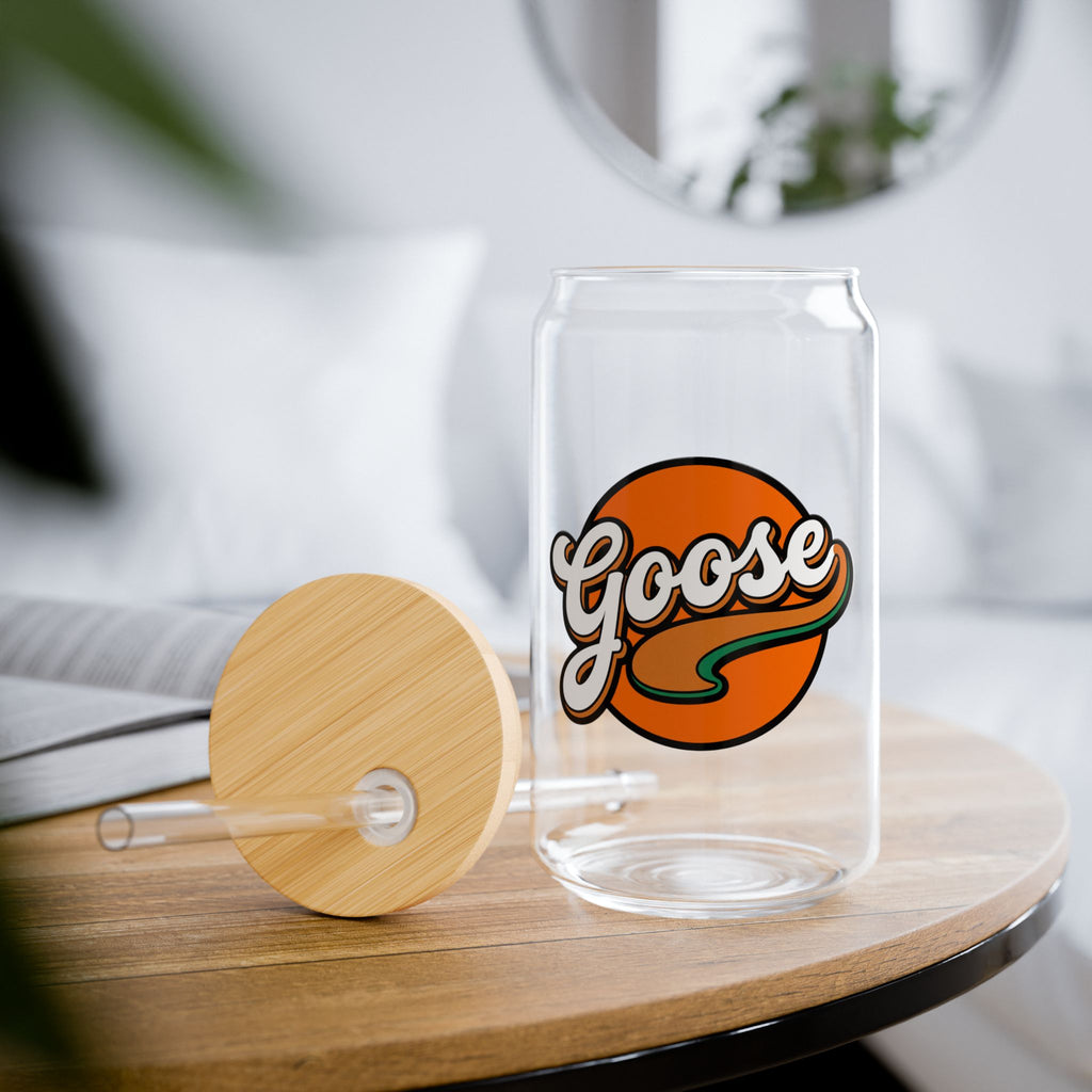 Goose Logo Sipper Glass — 16oz Reusable Drink Jar with Bamboo Lid & Straw