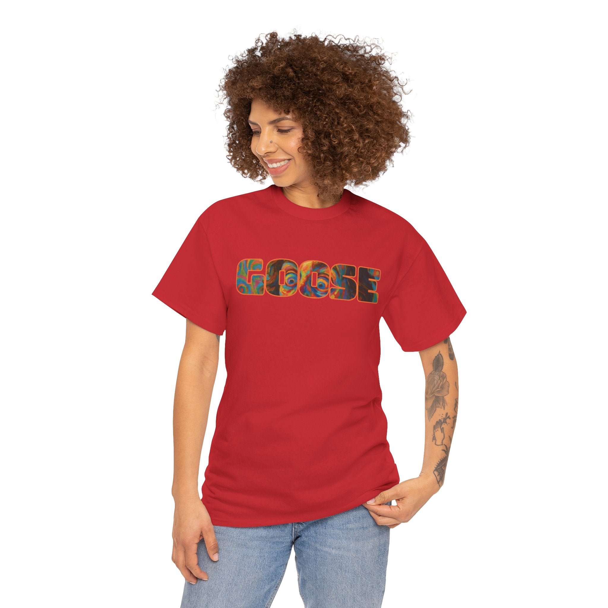 Goose Graphic Tee — Retro Camo Lettering Shirt