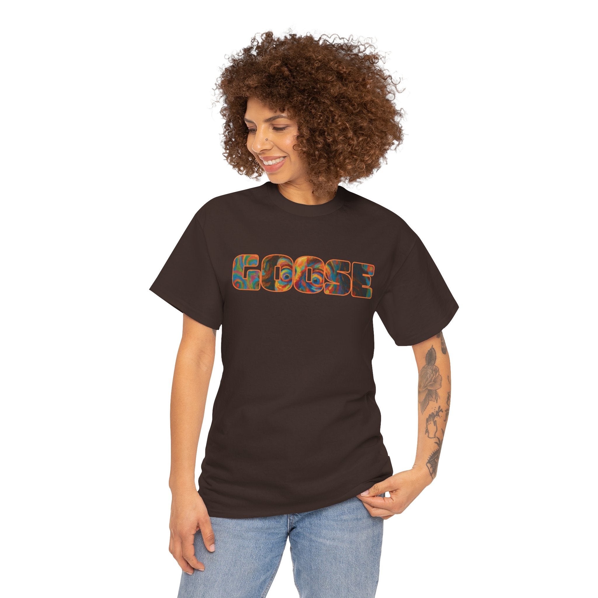 Goose Graphic Tee — Retro Camo Lettering Shirt