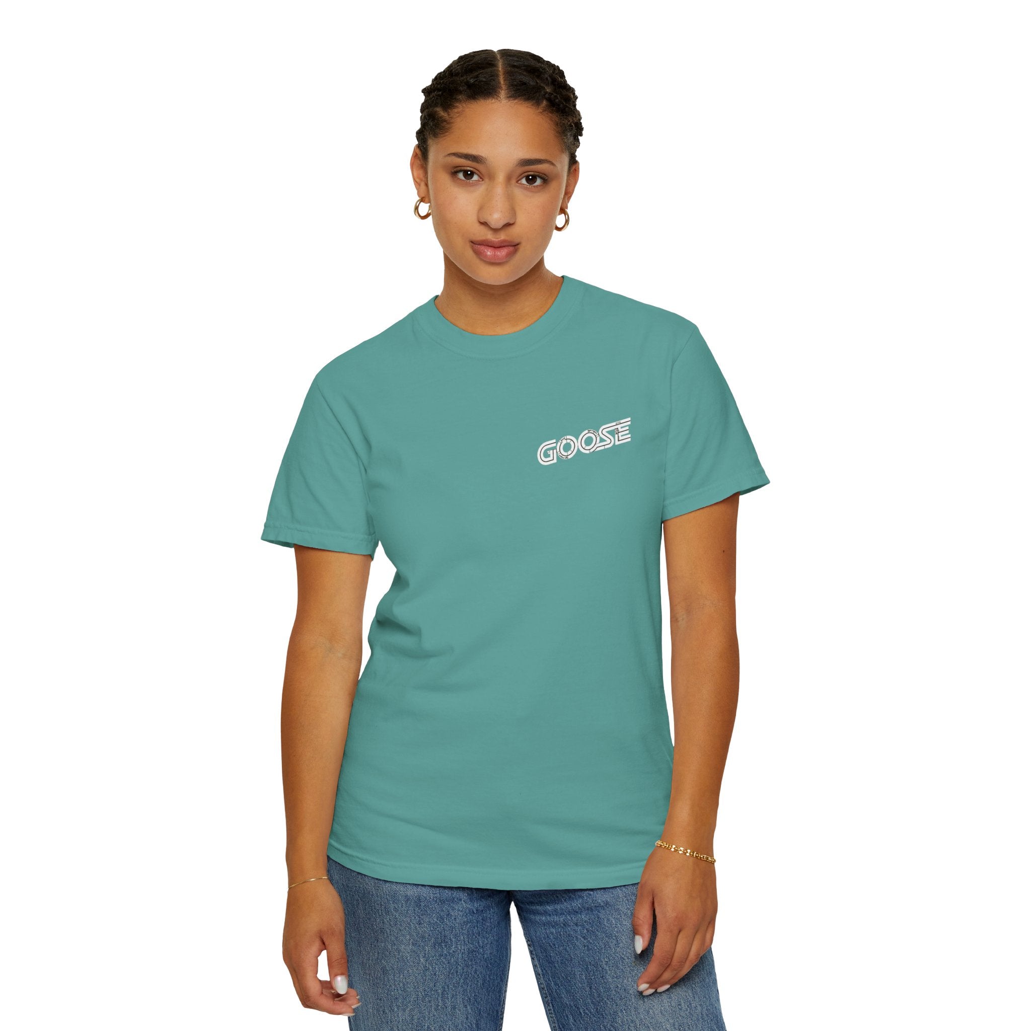 Big Modern Robot Graphic T-Shirt — "GOOSE" Chest Text, Retro Sci‑Fi Back Print