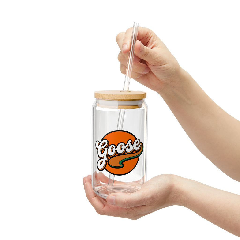 Goose Logo Sipper Glass — 16oz Reusable Drink Jar with Bamboo Lid & Straw