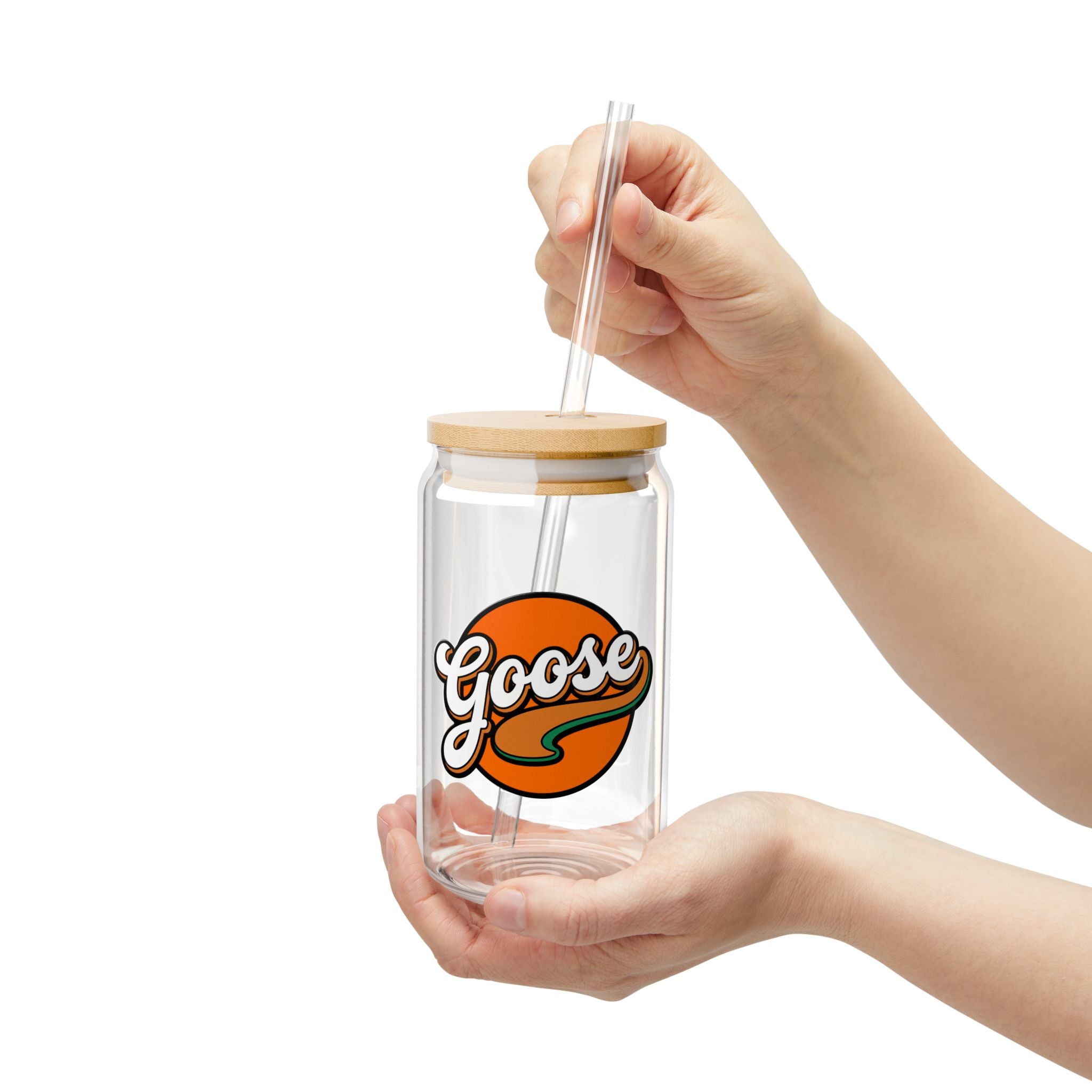 Goose Logo Sipper Glass — 16oz Reusable Drink Jar with Bamboo Lid & Straw