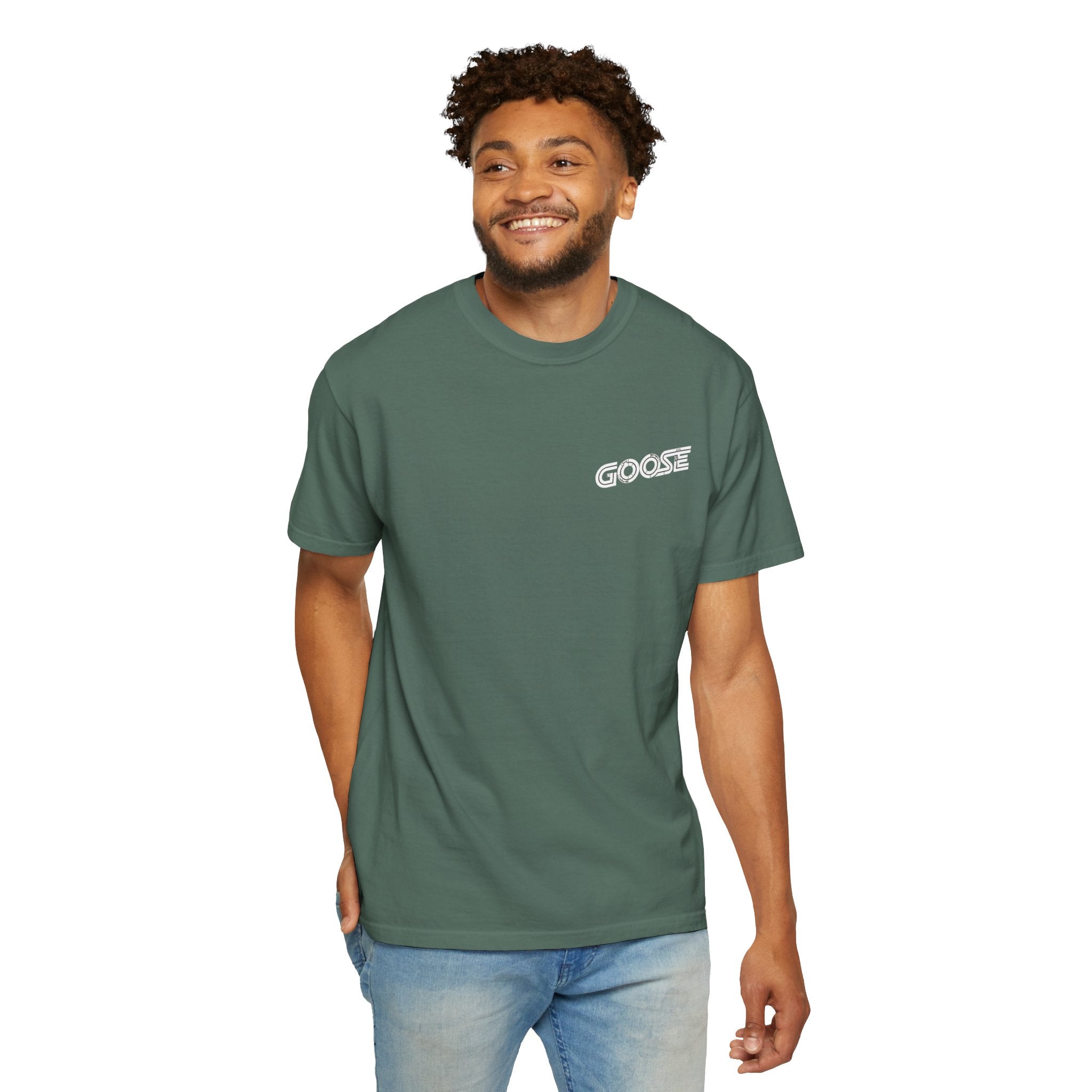 Big Modern Robot Graphic T-Shirt — "GOOSE" Chest Text, Retro Sci‑Fi Back Print