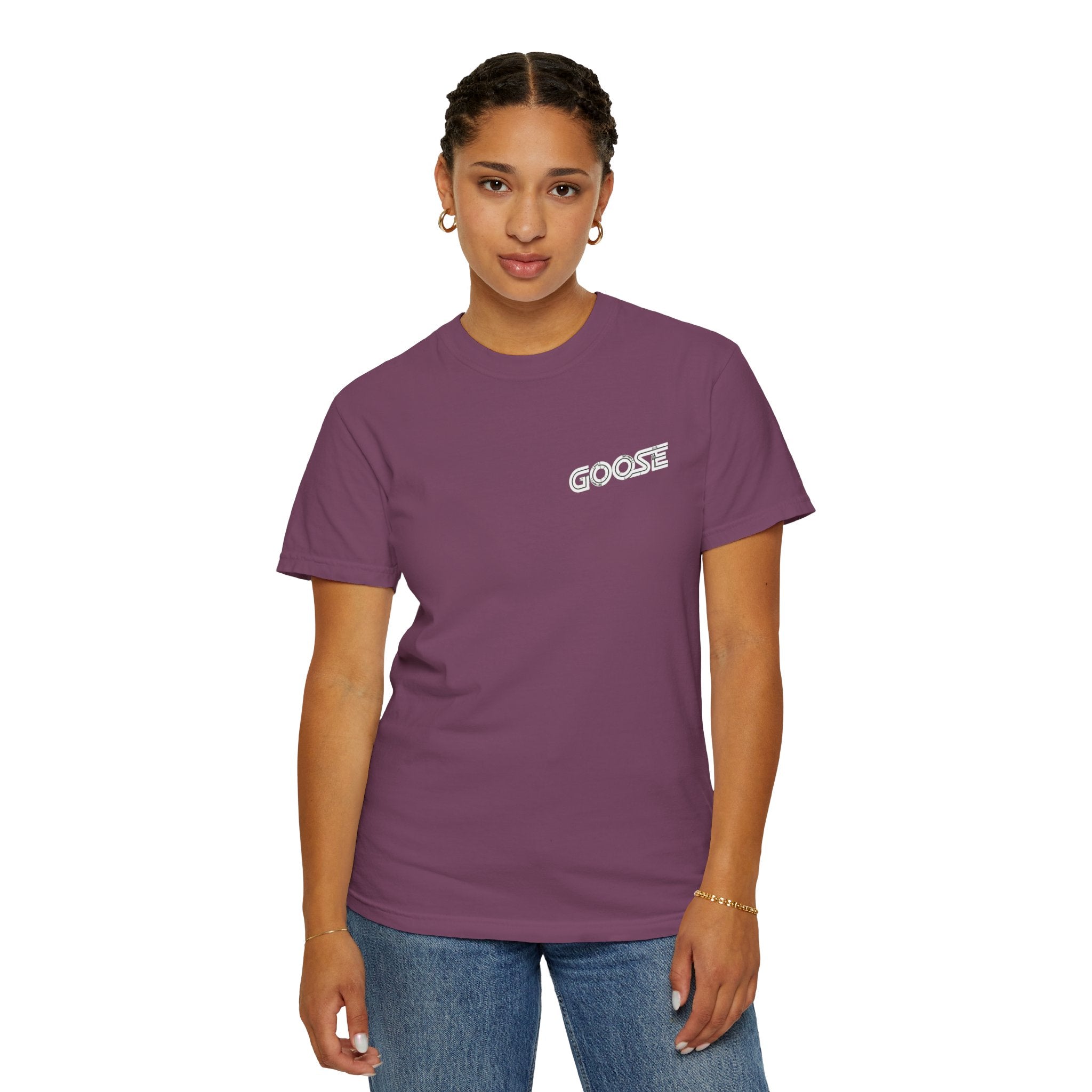 Big Modern Robot Graphic T-Shirt — "GOOSE" Chest Text, Retro Sci‑Fi Back Print