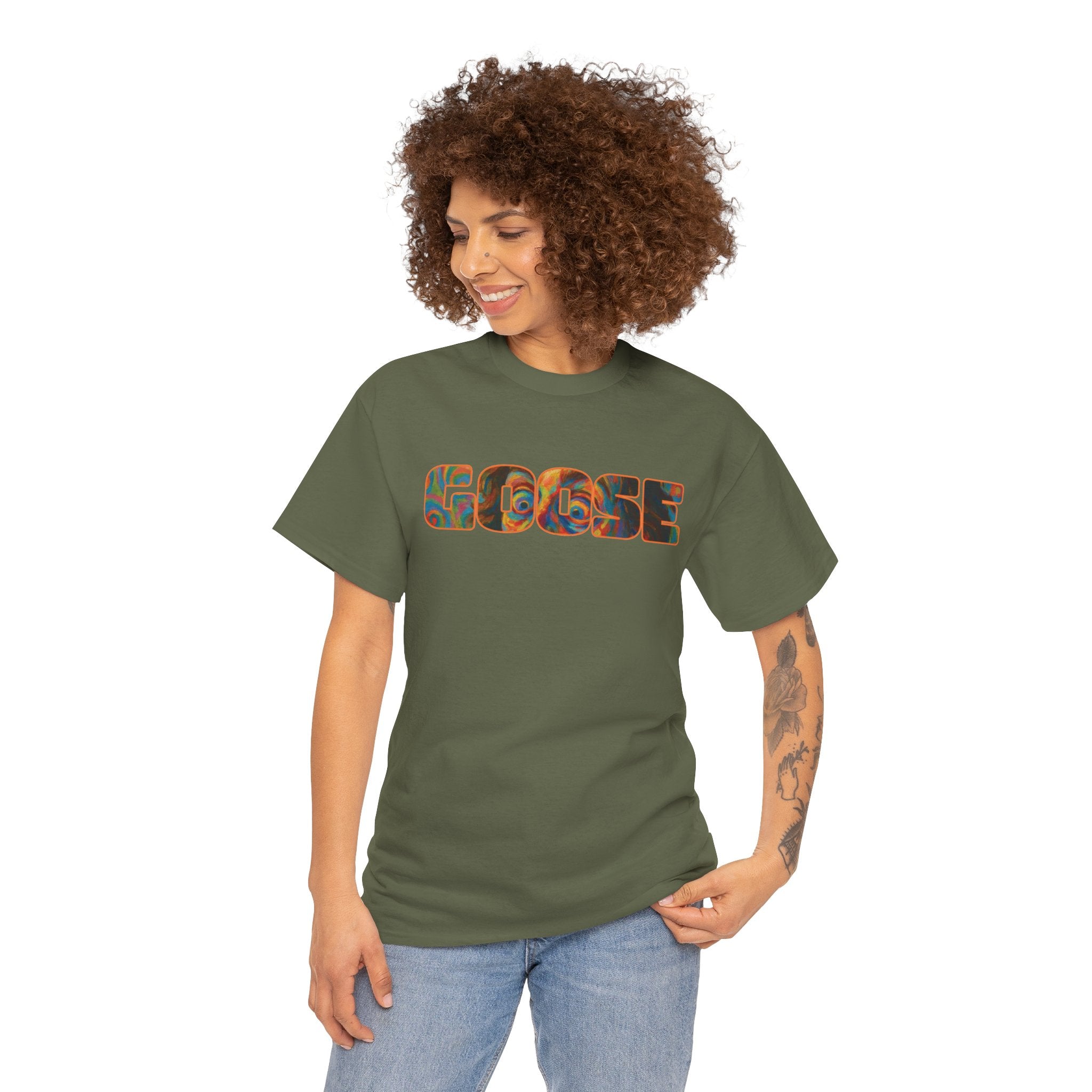 Goose Graphic Tee — Retro Camo Lettering Shirt