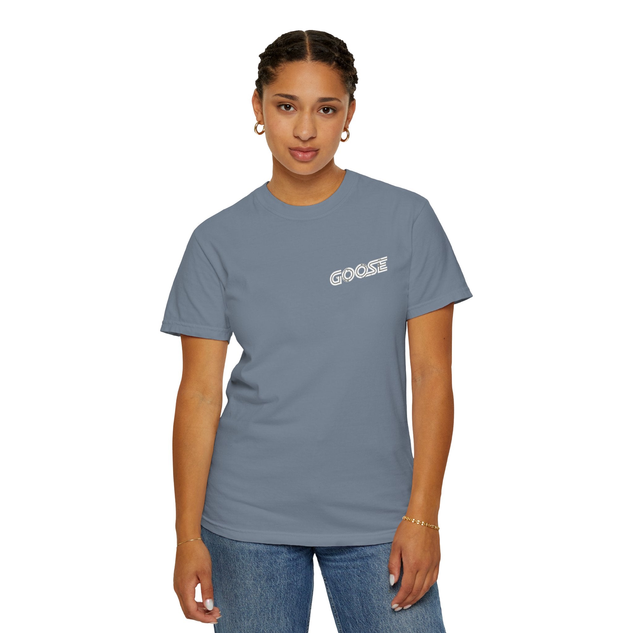 Big Modern Robot Graphic T-Shirt — "GOOSE" Chest Text, Retro Sci‑Fi Back Print