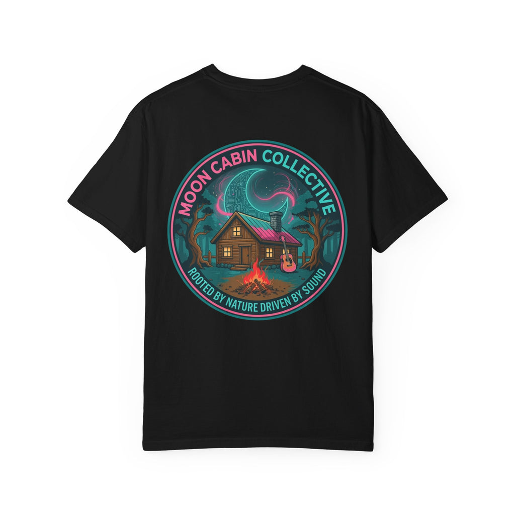 Moon Cabin Collective T-Shirt — Retro Cabin Night Campfire Graphic