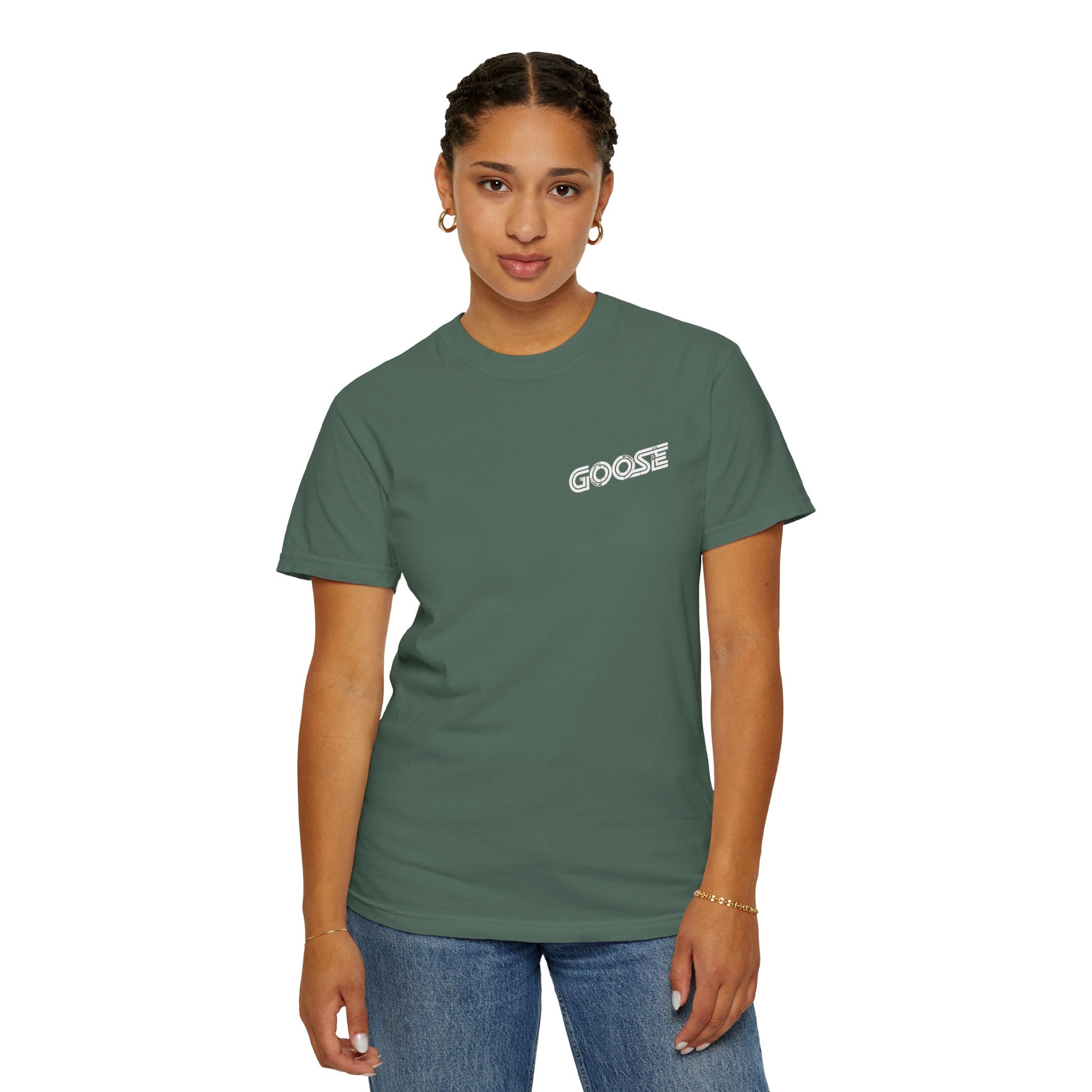 Big Modern Robot Graphic T-Shirt — "GOOSE" Chest Text, Retro Sci‑Fi Back Print