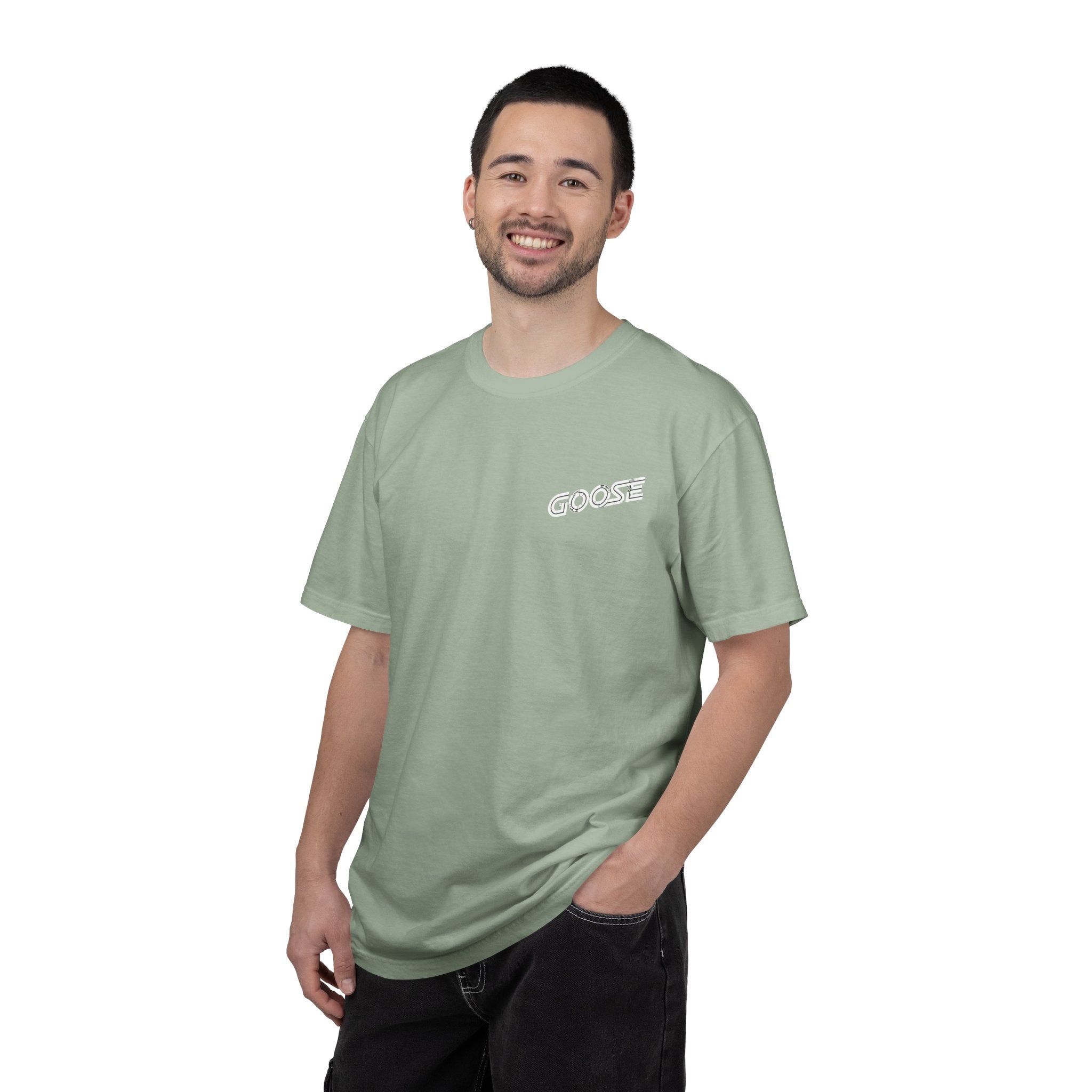 Big Modern Robot Graphic T-Shirt — "GOOSE" Chest Text, Retro Sci‑Fi Back Print