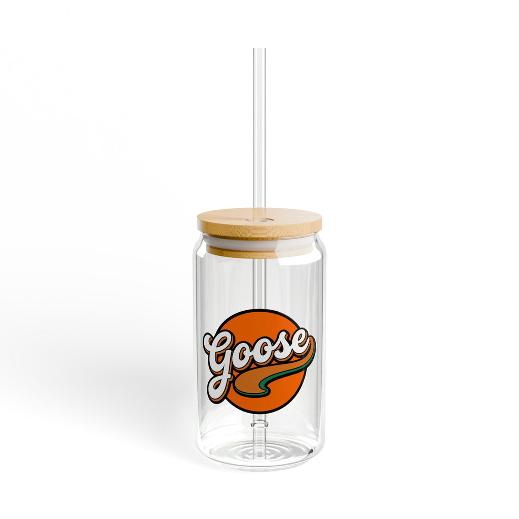 Goose Logo Sipper Glass — 16oz Reusable Drink Jar with Bamboo Lid & Straw