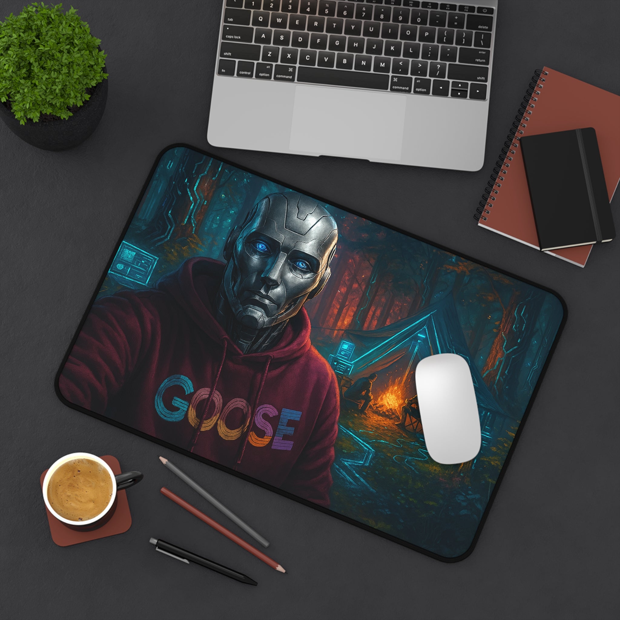 Cyber Ranger Desk Mat — Robot Selfie at Campfire Gaming Mousepad