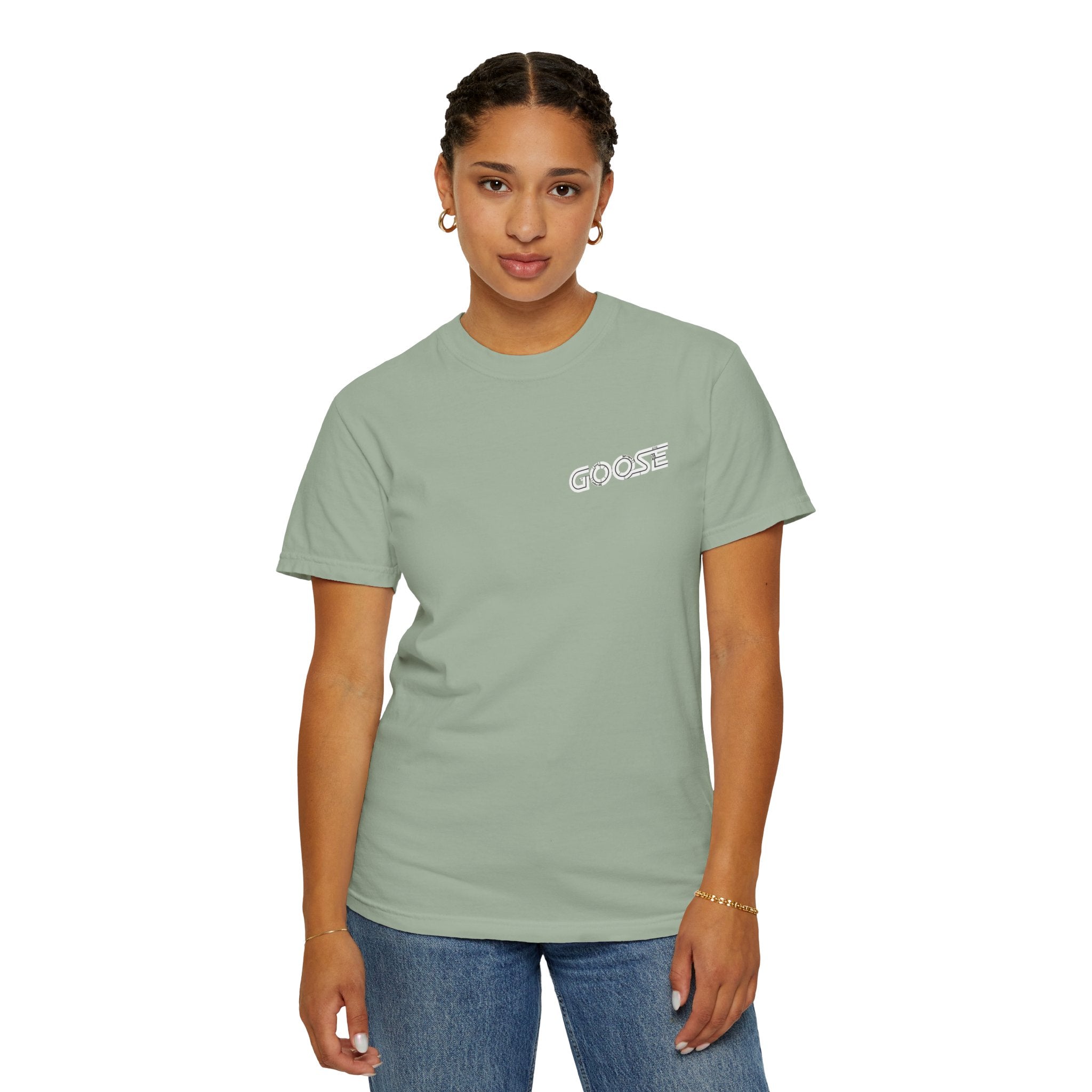 Big Modern Robot Graphic T-Shirt — "GOOSE" Chest Text, Retro Sci‑Fi Back Print