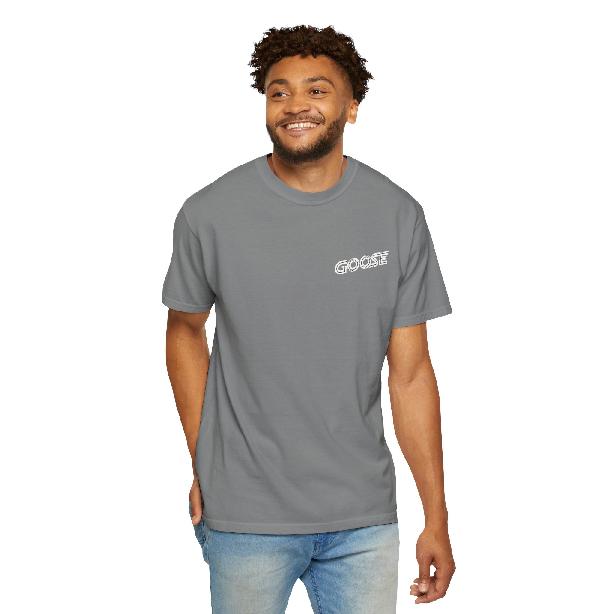 Big Modern Robot Graphic T-Shirt — "GOOSE" Chest Text, Retro Sci‑Fi Back Print