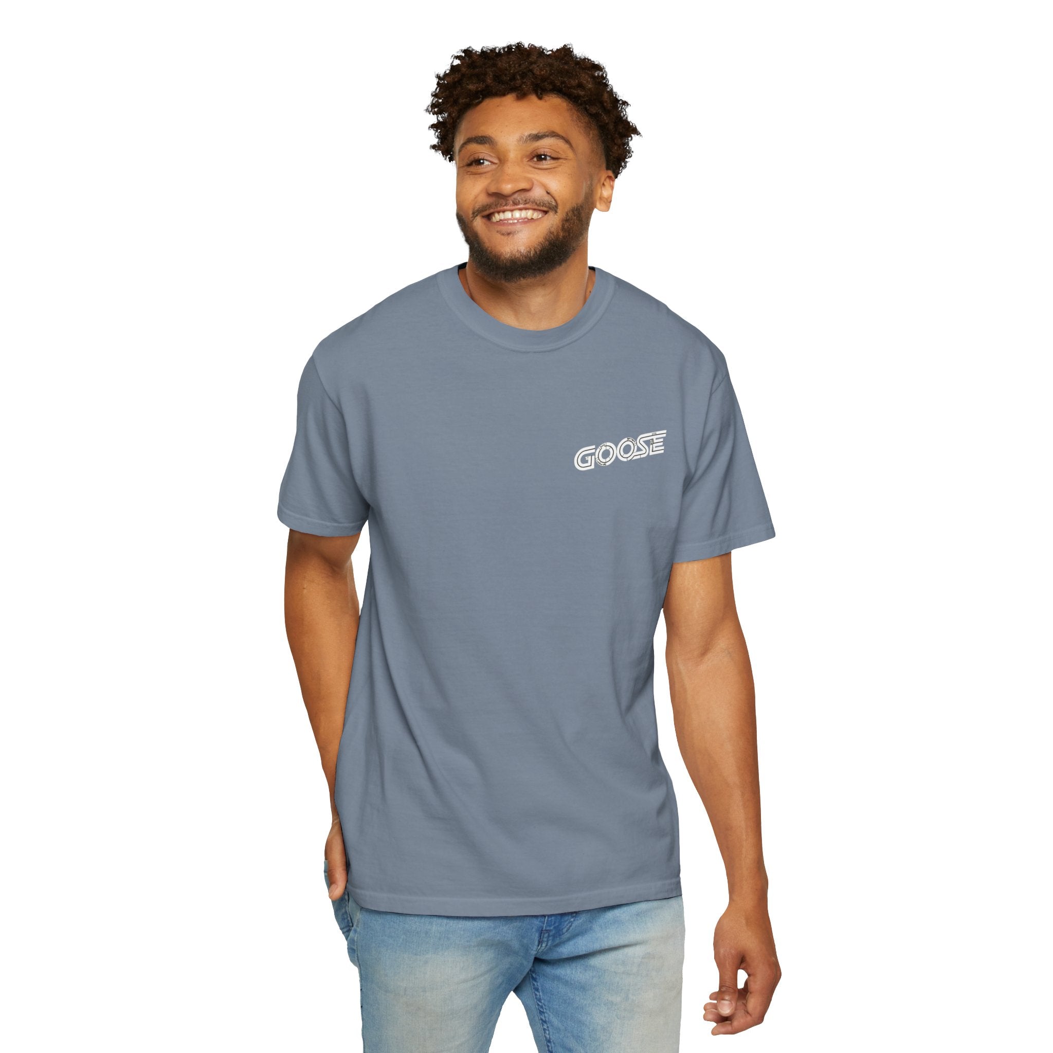 Big Modern Robot Graphic T-Shirt — "GOOSE" Chest Text, Retro Sci‑Fi Back Print