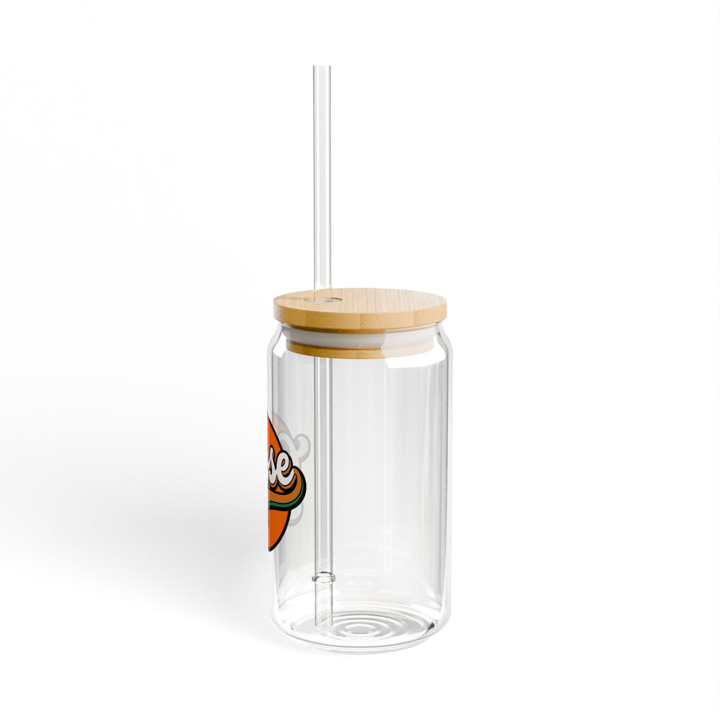 Goose Logo Sipper Glass — 16oz Reusable Drink Jar with Bamboo Lid & Straw