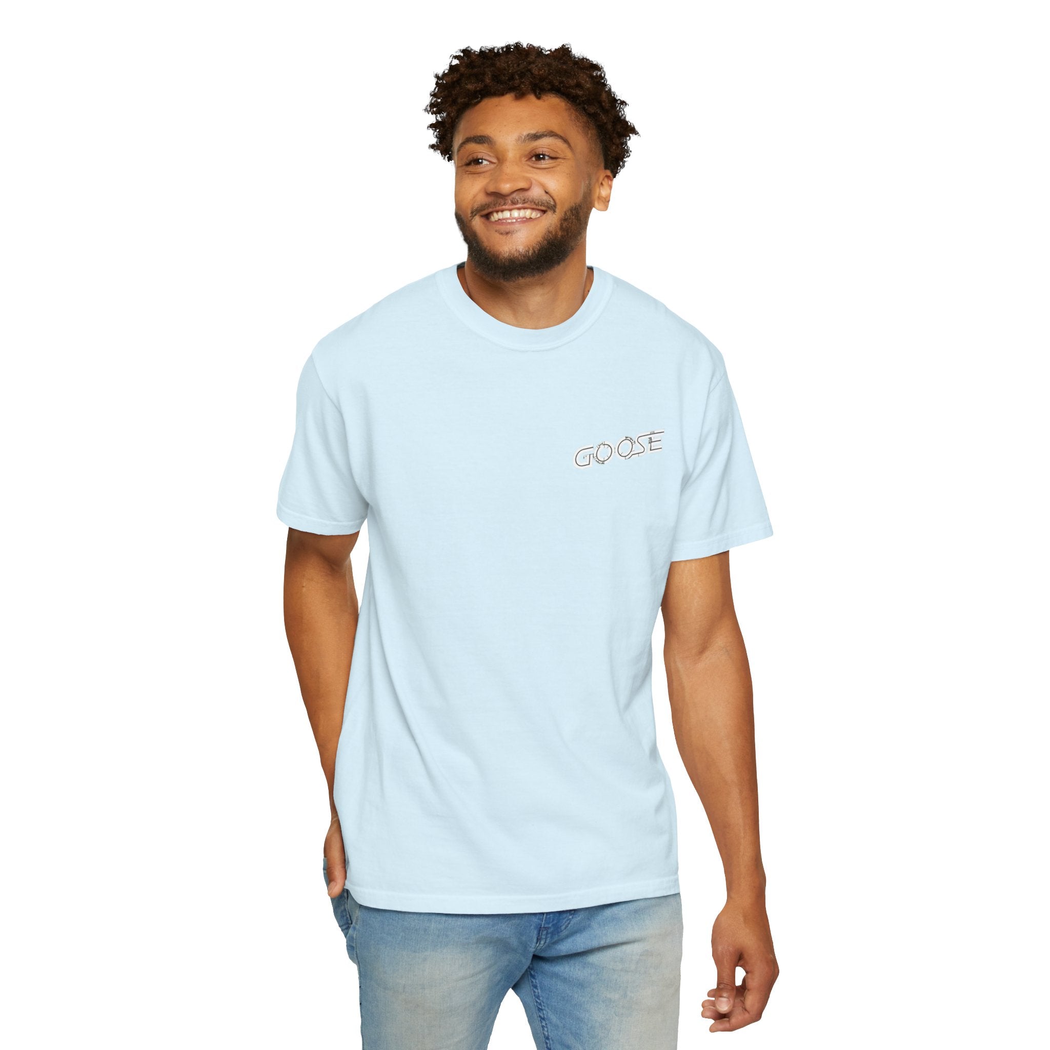 Big Modern Robot Graphic T-Shirt — "GOOSE" Chest Text, Retro Sci‑Fi Back Print